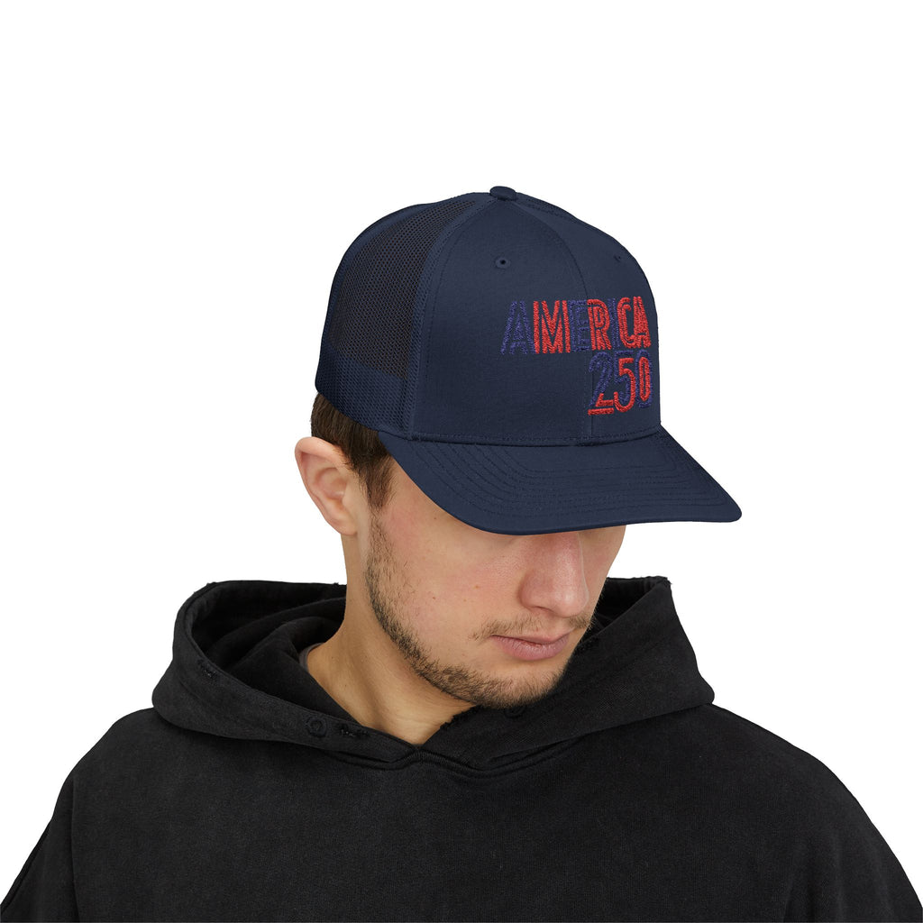 America 250 Snapback Cap | Patriotic USA Flag Text Trucker Hat