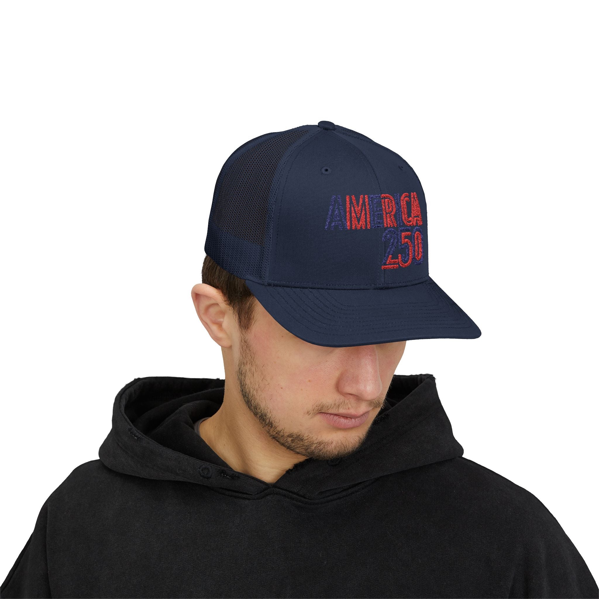 America 250 Snapback Cap | Patriotic USA Flag Text Trucker Hat