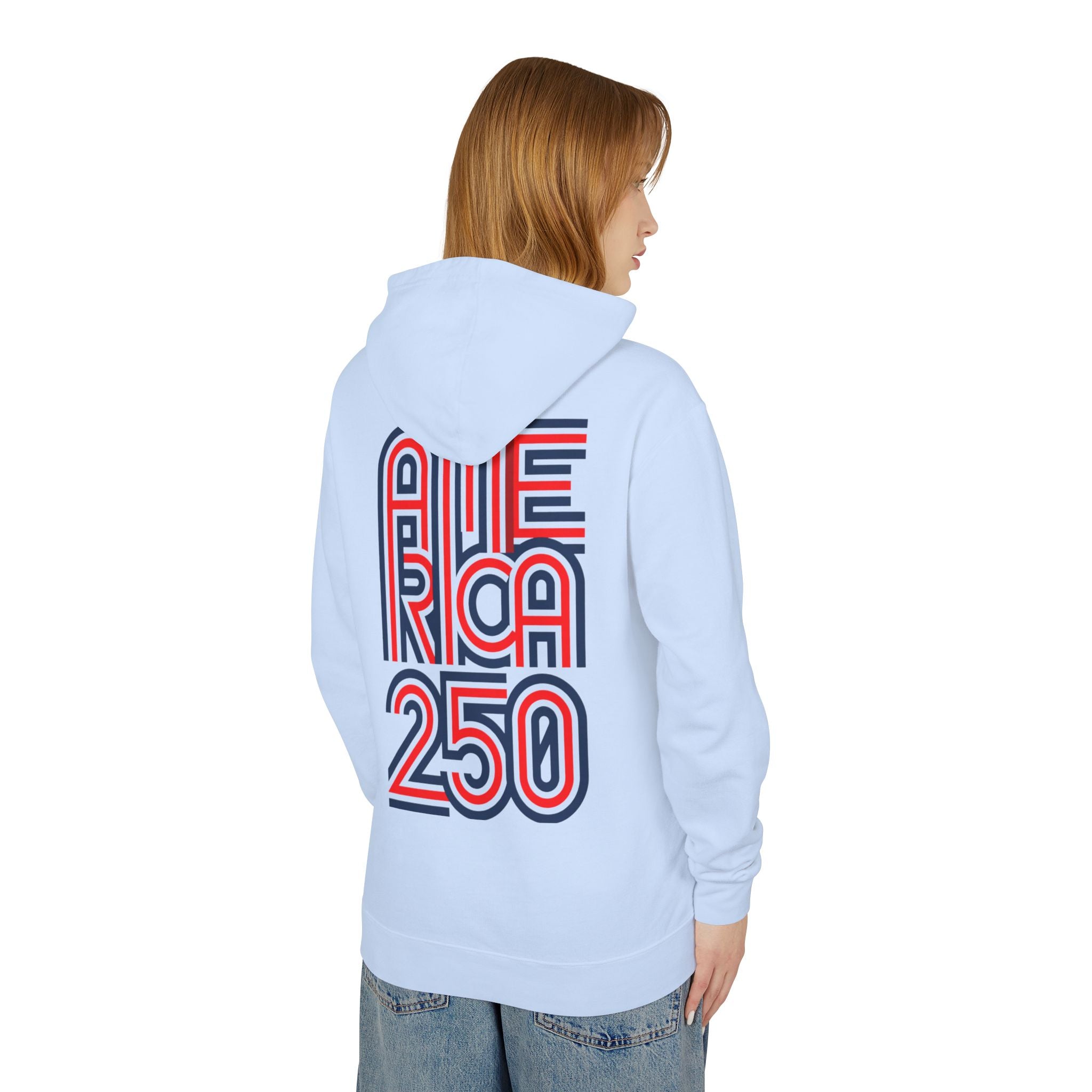 America 250 Hoodie — Retro Red & Blue Patriotic Anniversary Pullover