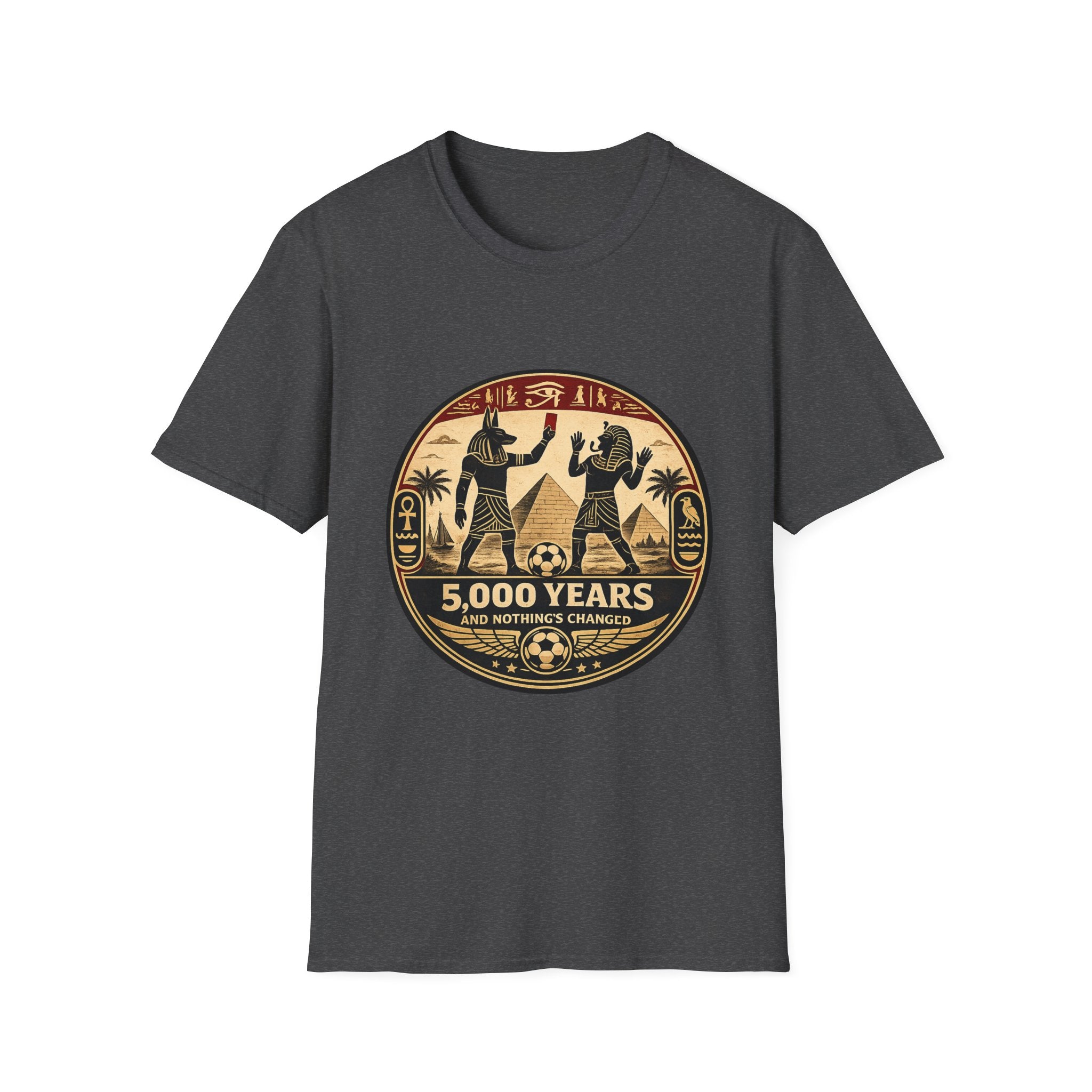 Flat lay view of oryggy FIFA 2026 Ancient Egypt vintage pyramid graphic t-shirt in Charcoal