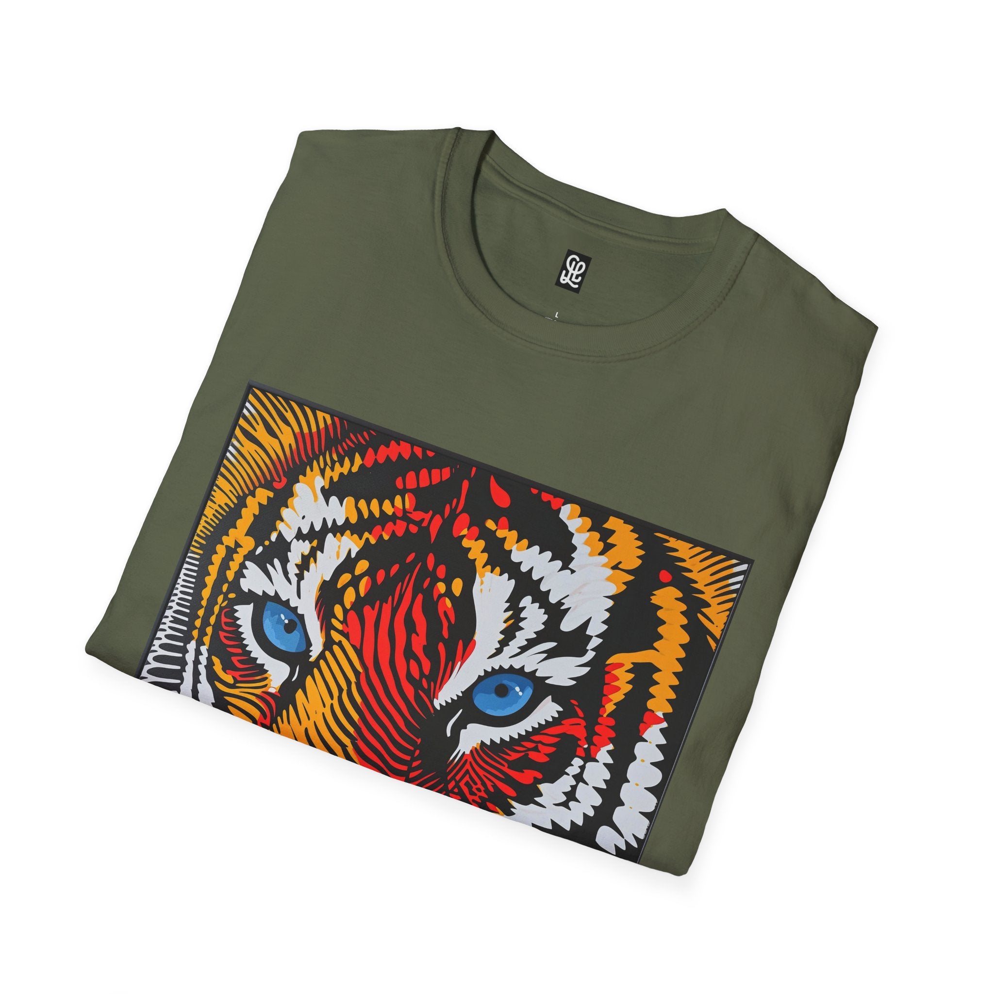 oryggy Colorful Tiger Face T-Shirt with Vibrant Blue Eyes and Pop Art Stripes