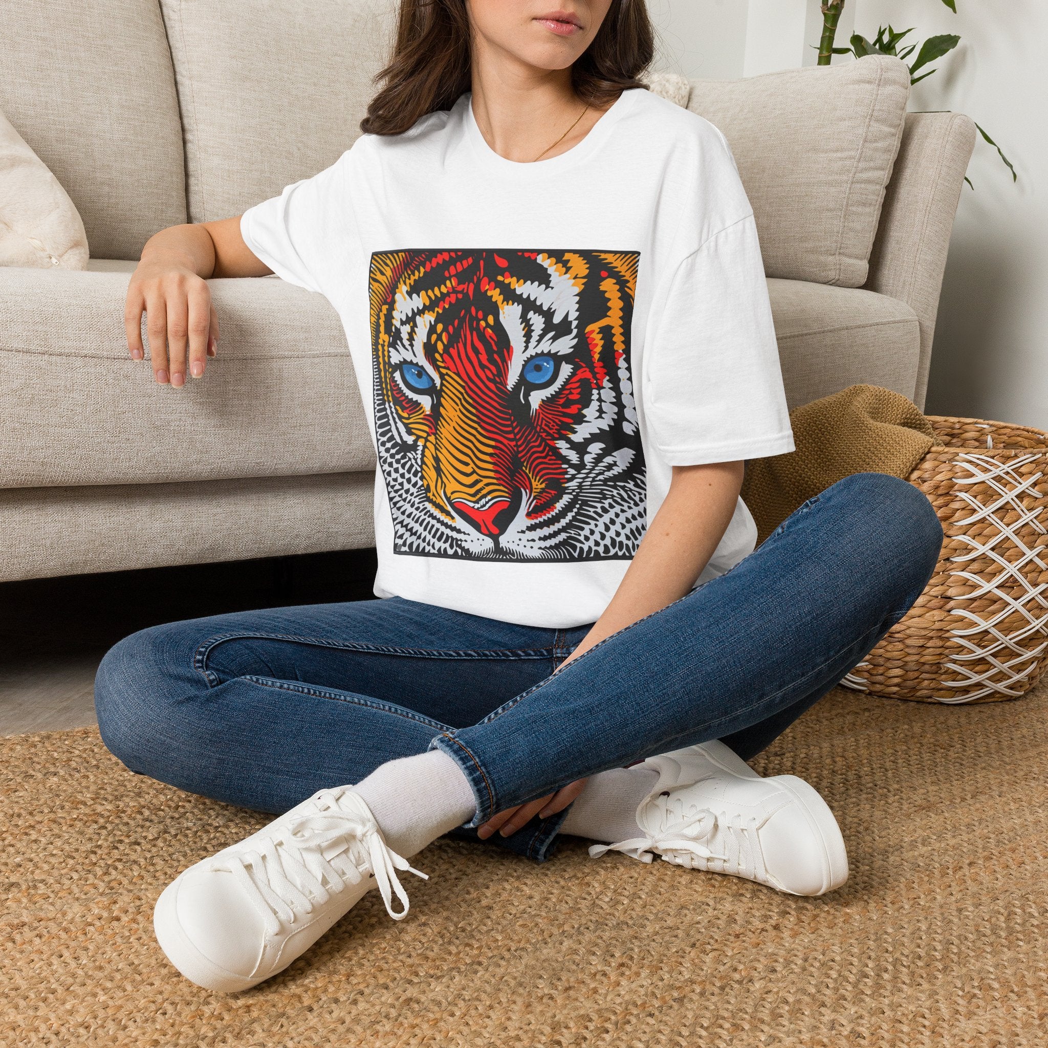 oryggy Colorful Tiger Face T-Shirt with Vibrant Blue Eyes and Pop Art Stripes