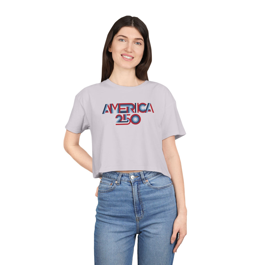 America 250 Crop Tee — Patriotic 3D Red & Blue Graphic