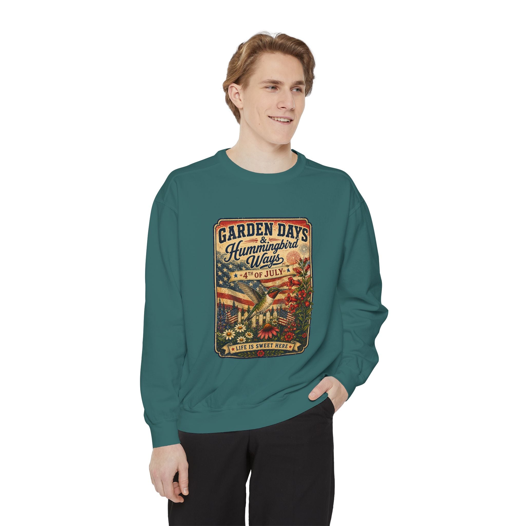 America 250 Garden Days Summer Sweatshirt — "Sweet Summer Wings" Vintage Floral 4th of July Crewneck