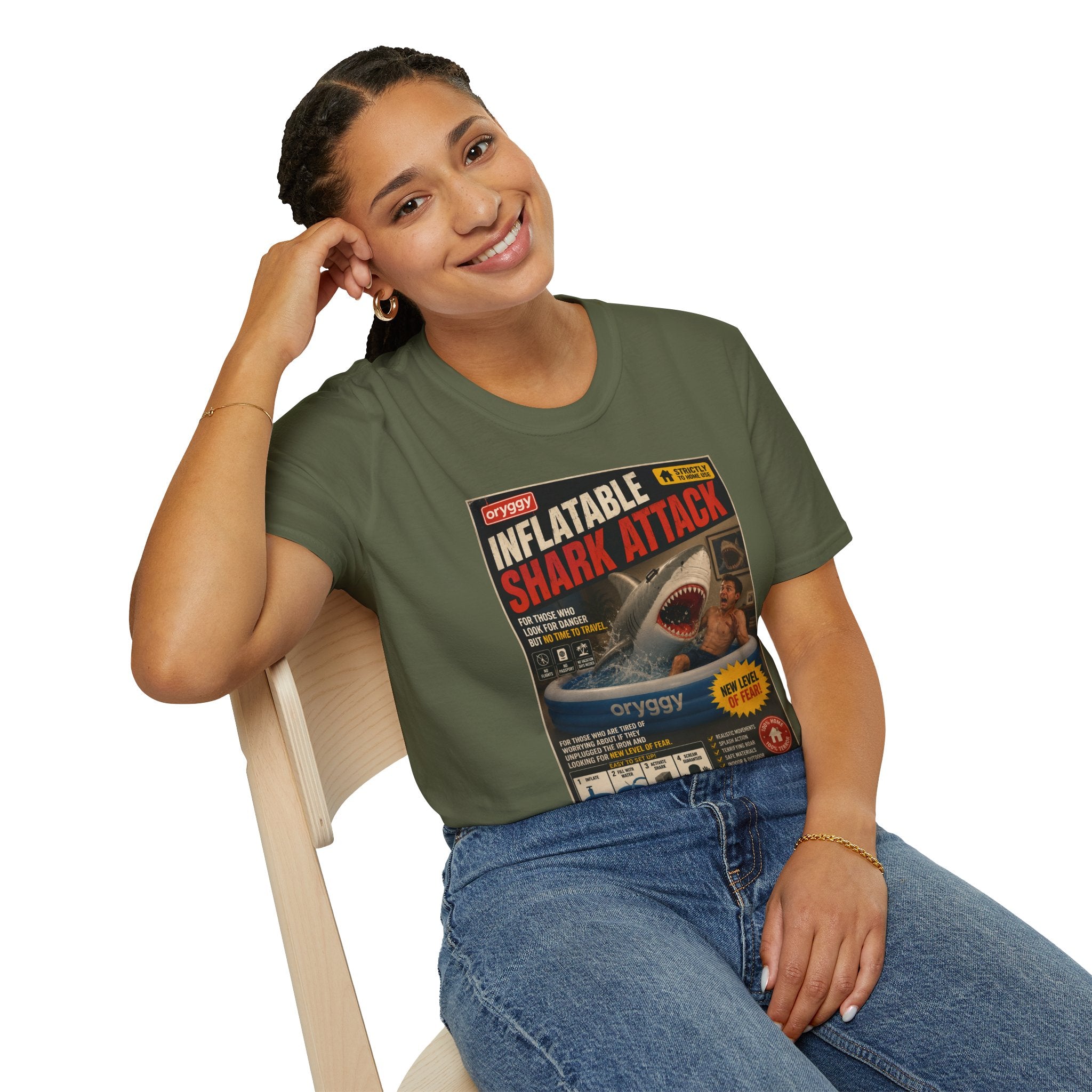 oryggy Originals Inflatable Shark Attack Vintage Poster T-Shirt — Retro Beach & Surf Graphic Tee