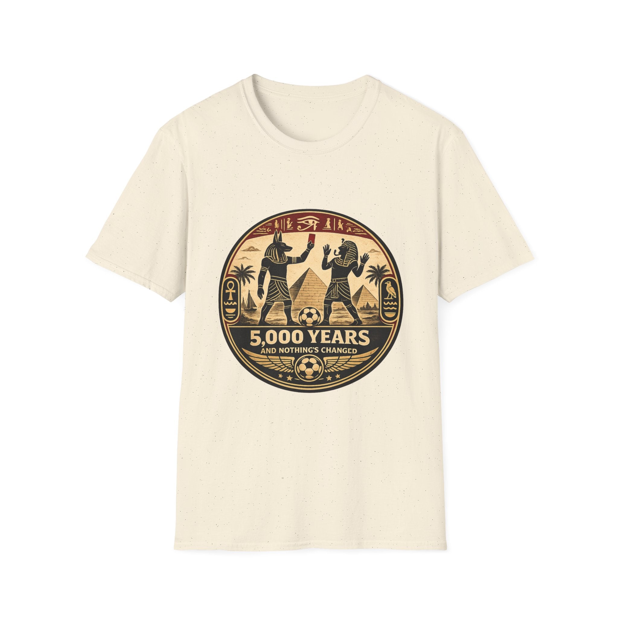 Flat lay view of oryggy FIFA 2026 Ancient Egypt vintage pyramid graphic t-shirt in Beige