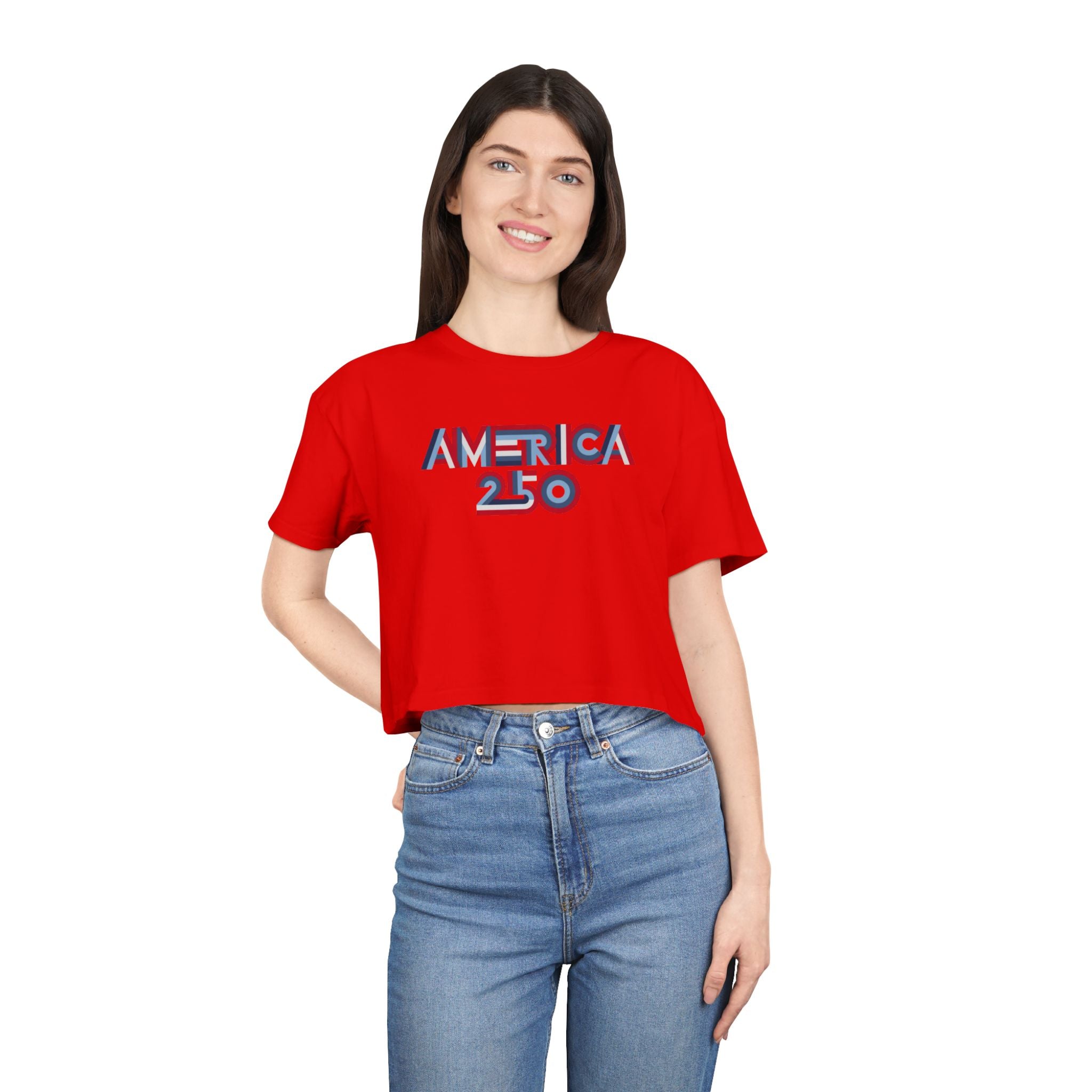 America 250 Crop Tee — Patriotic 3D Red & Blue Graphic