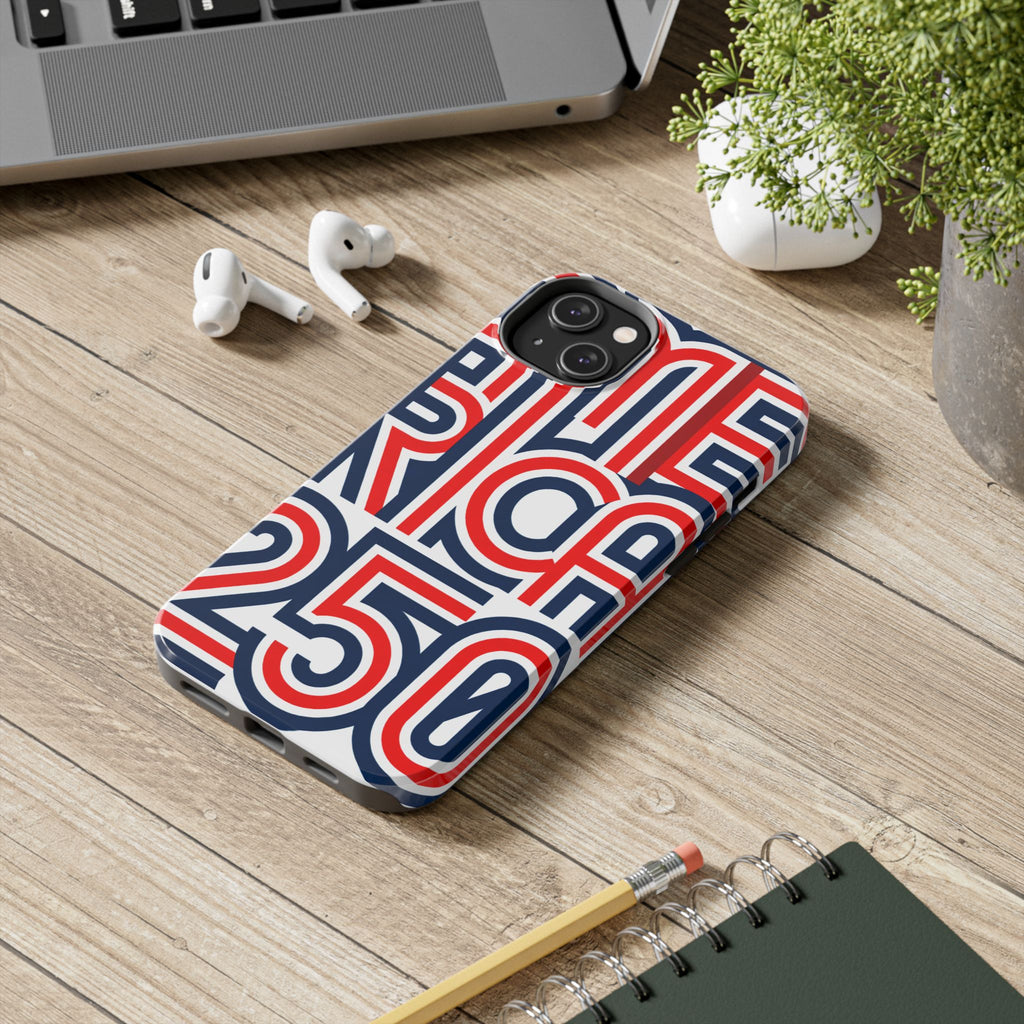 Patriotic 'America 250' Tough Phone Case – Red, White & Blue Retro Typography