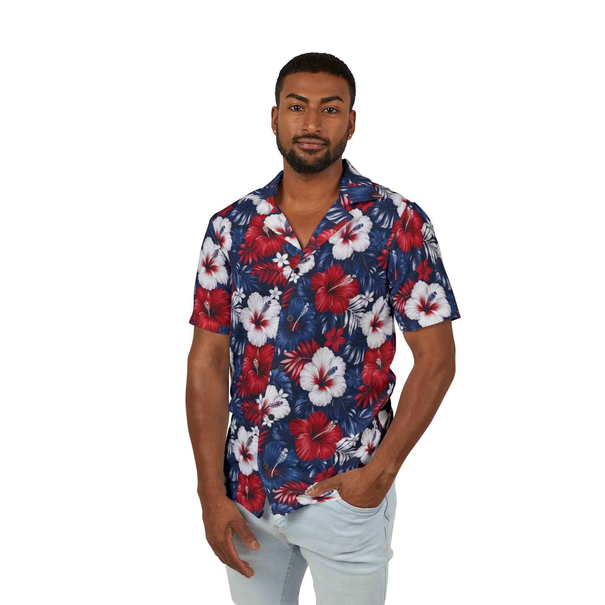 America 250 Patriotic Red White & Blue Hawaiian Shirt — Men's Floral Camp Shirt