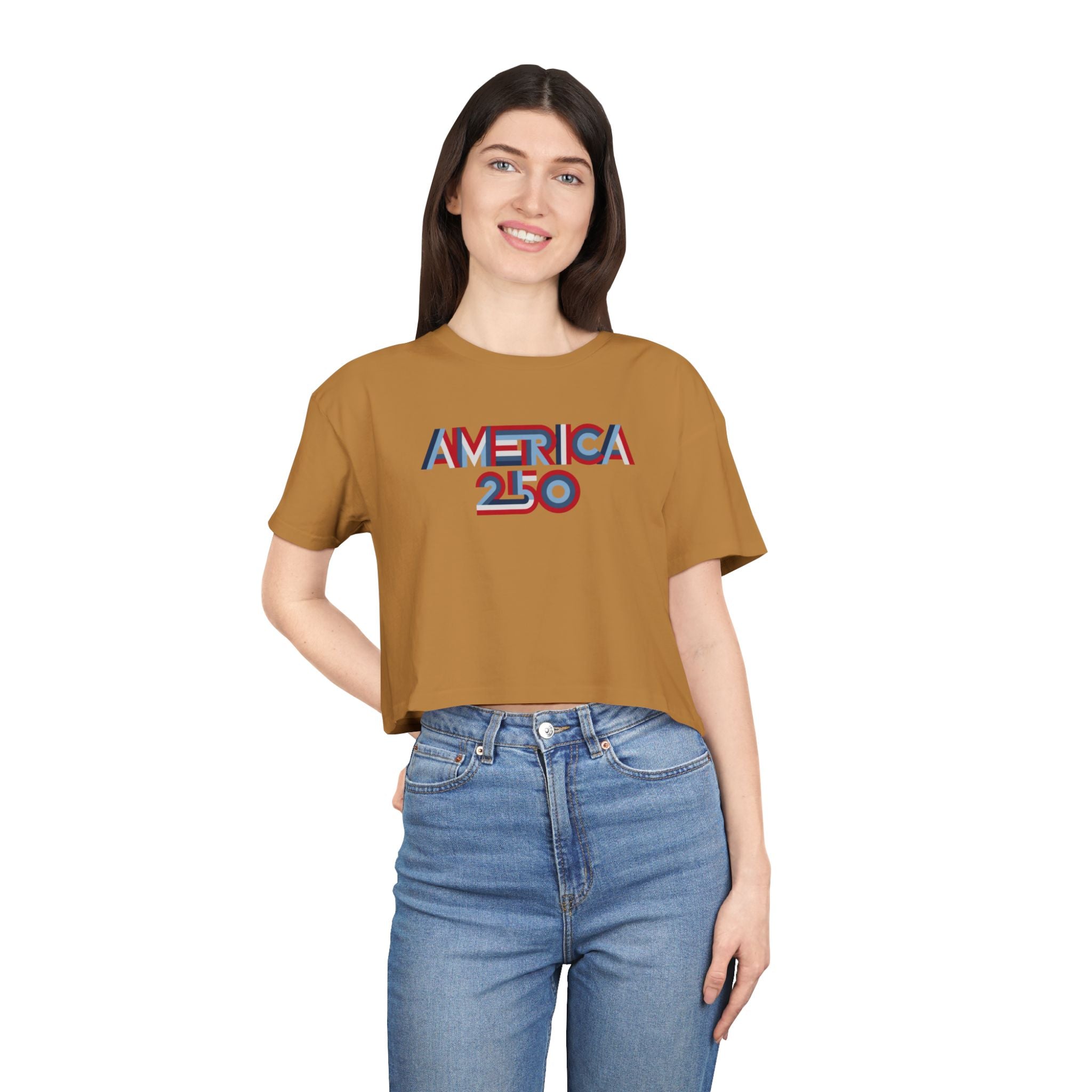 America 250 Crop Tee — Patriotic 3D Red & Blue Graphic