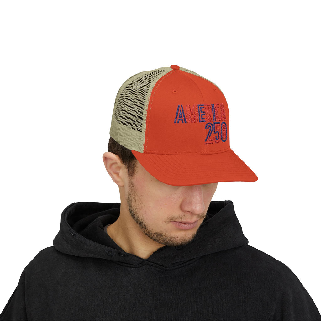 America 250 Snapback Cap | Patriotic USA Flag Text Trucker Hat