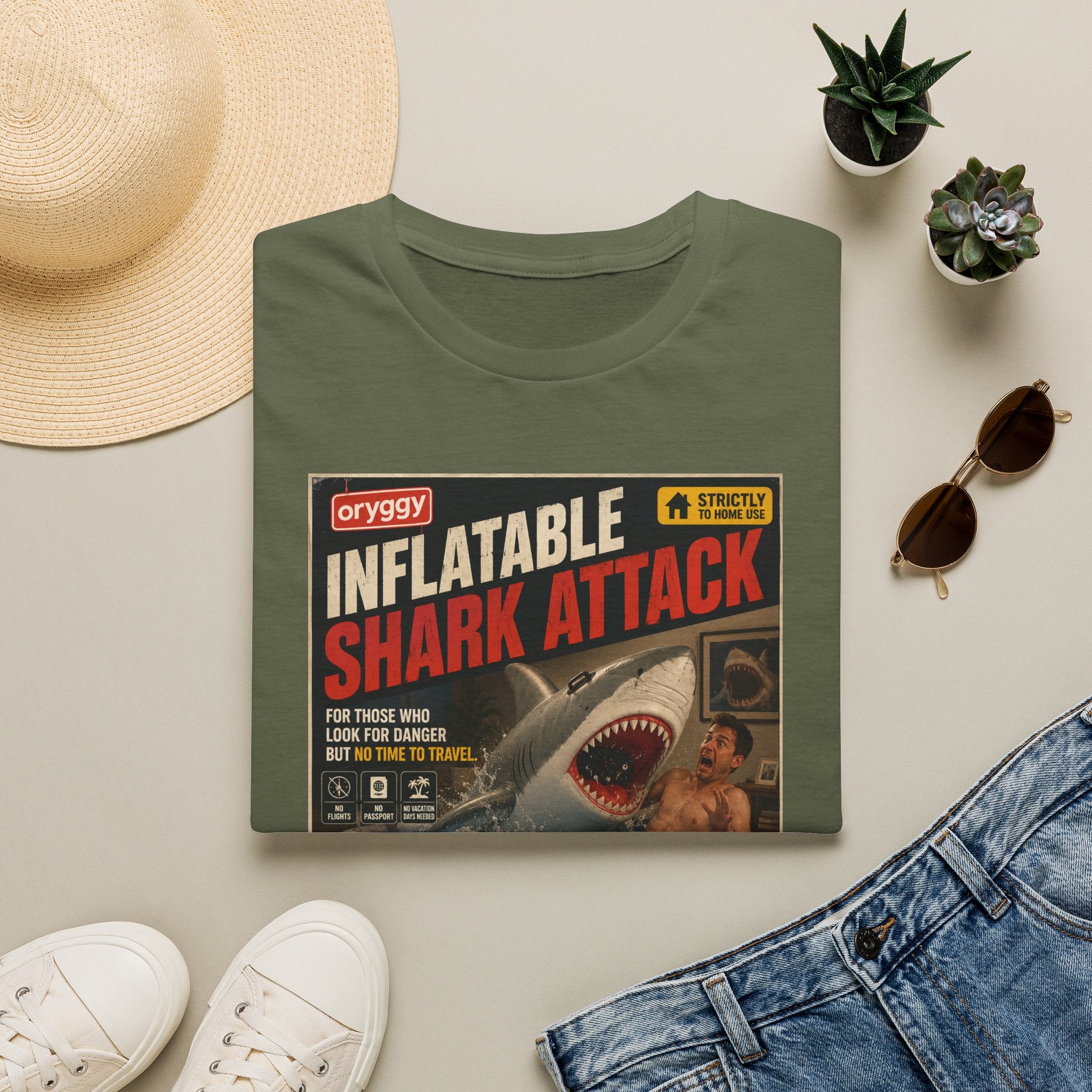 oryggy Originals Inflatable Shark Attack Vintage Poster T-Shirt — Retro Beach & Surf Graphic Tee