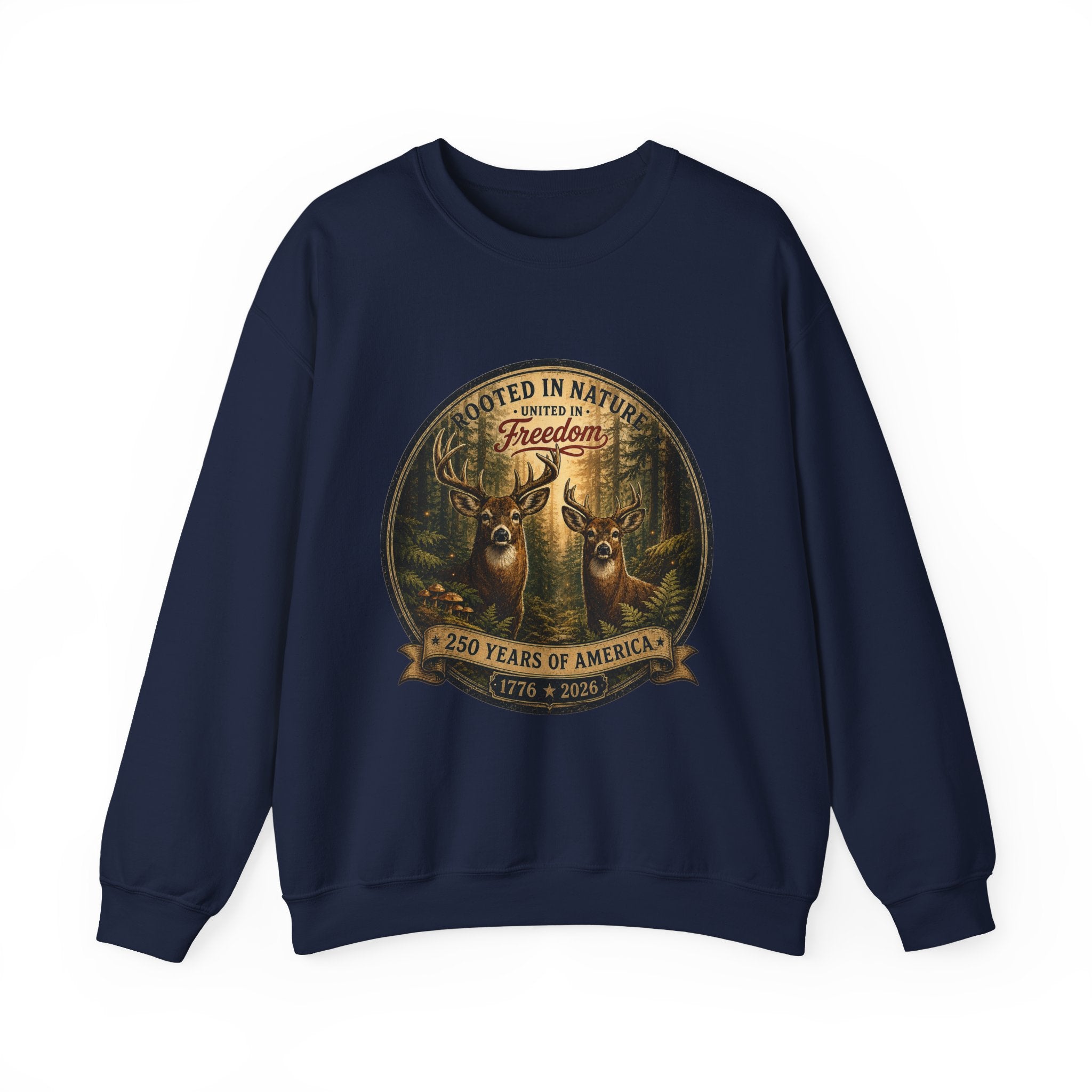 America 250 Rooted in Nature unisex navy blue crewneck sweatshirt front view by oryggy