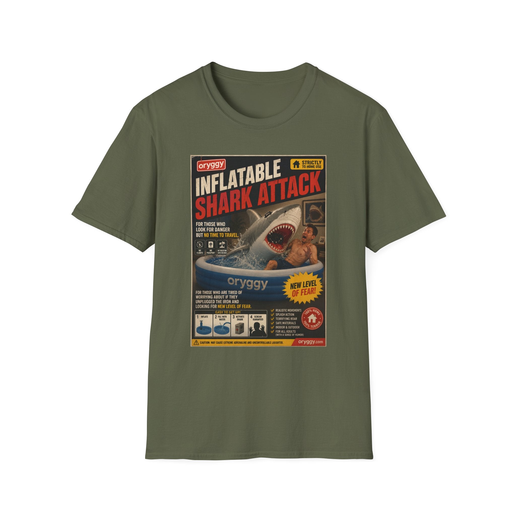 oryggy Originals Inflatable Shark Attack Vintage Poster T-Shirt — Retro Beach & Surf Graphic Tee