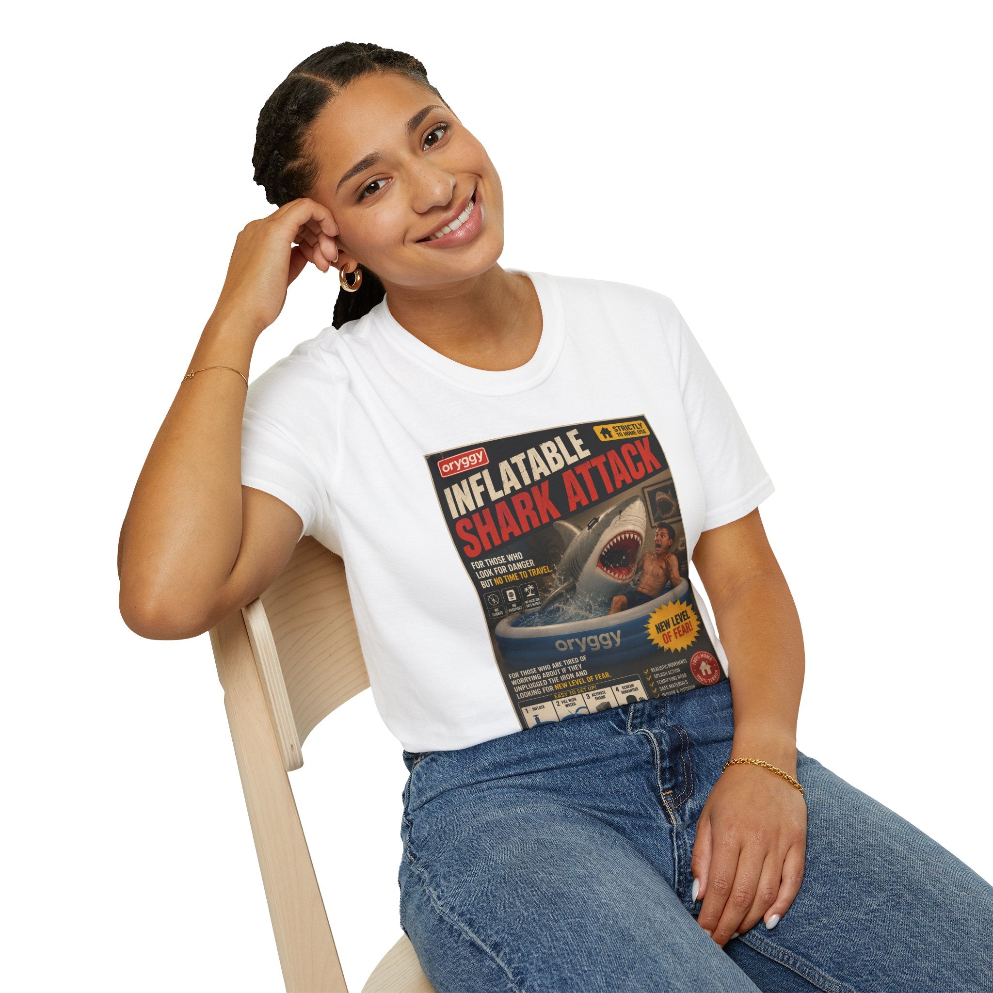 oryggy Originals Inflatable Shark Attack Vintage Poster T-Shirt — Retro Beach & Surf Graphic Tee