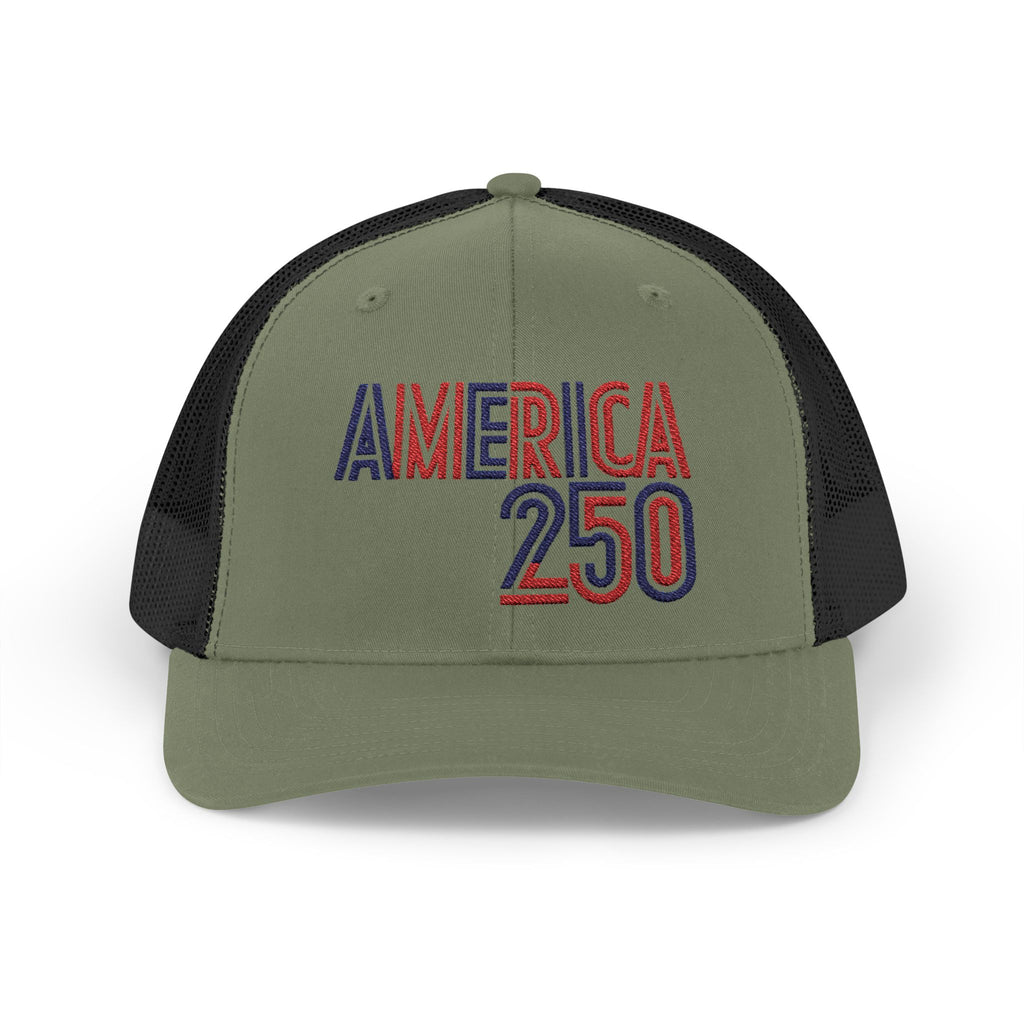 America 250 Snapback Cap | Patriotic USA Flag Text Trucker Hat