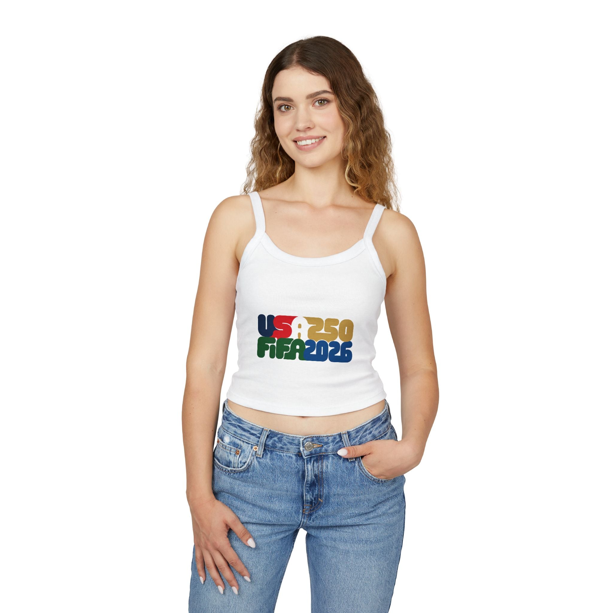 America 250 x FIFA World Cup 2026 Crop Tank Top — Retro Patriotic USA 250 Celebration Spaghetti Strap - Oryggy
