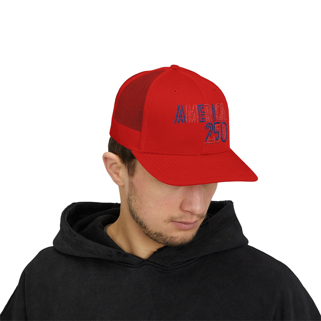 America 250 Snapback Cap | Patriotic USA Flag Text Trucker Hat