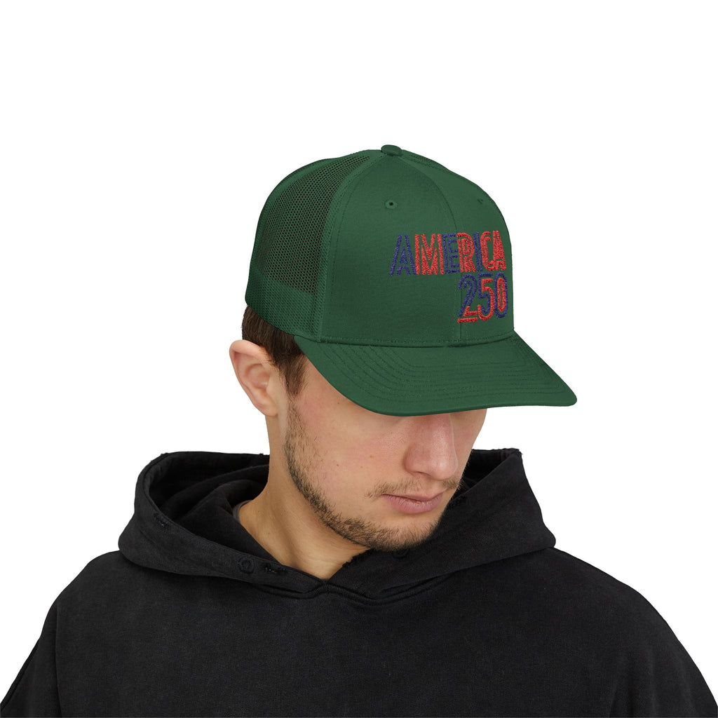 America 250 Snapback Cap | Patriotic USA Flag Text Trucker Hat