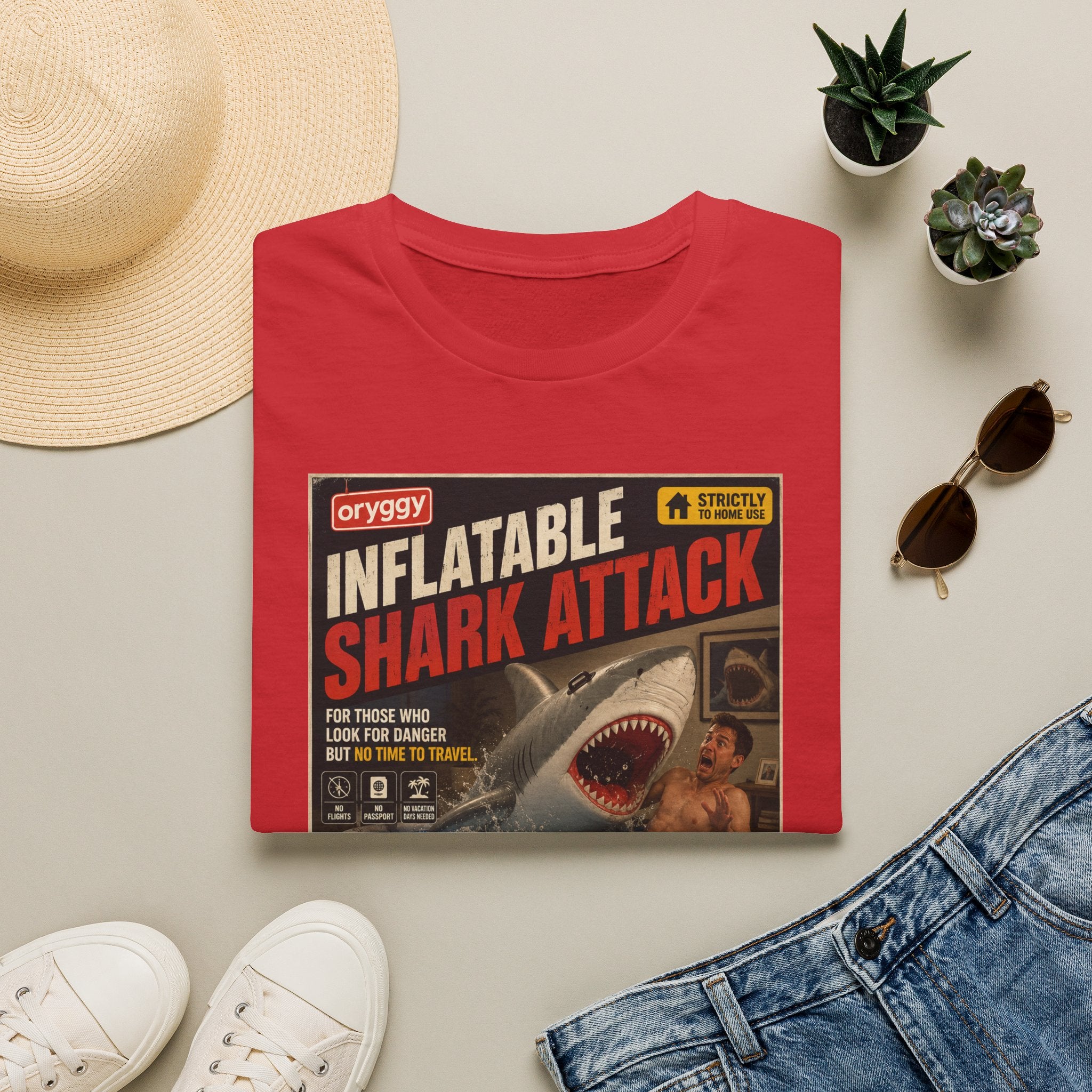 oryggy Originals Inflatable Shark Attack Vintage Poster T-Shirt — Retro Beach & Surf Graphic Tee