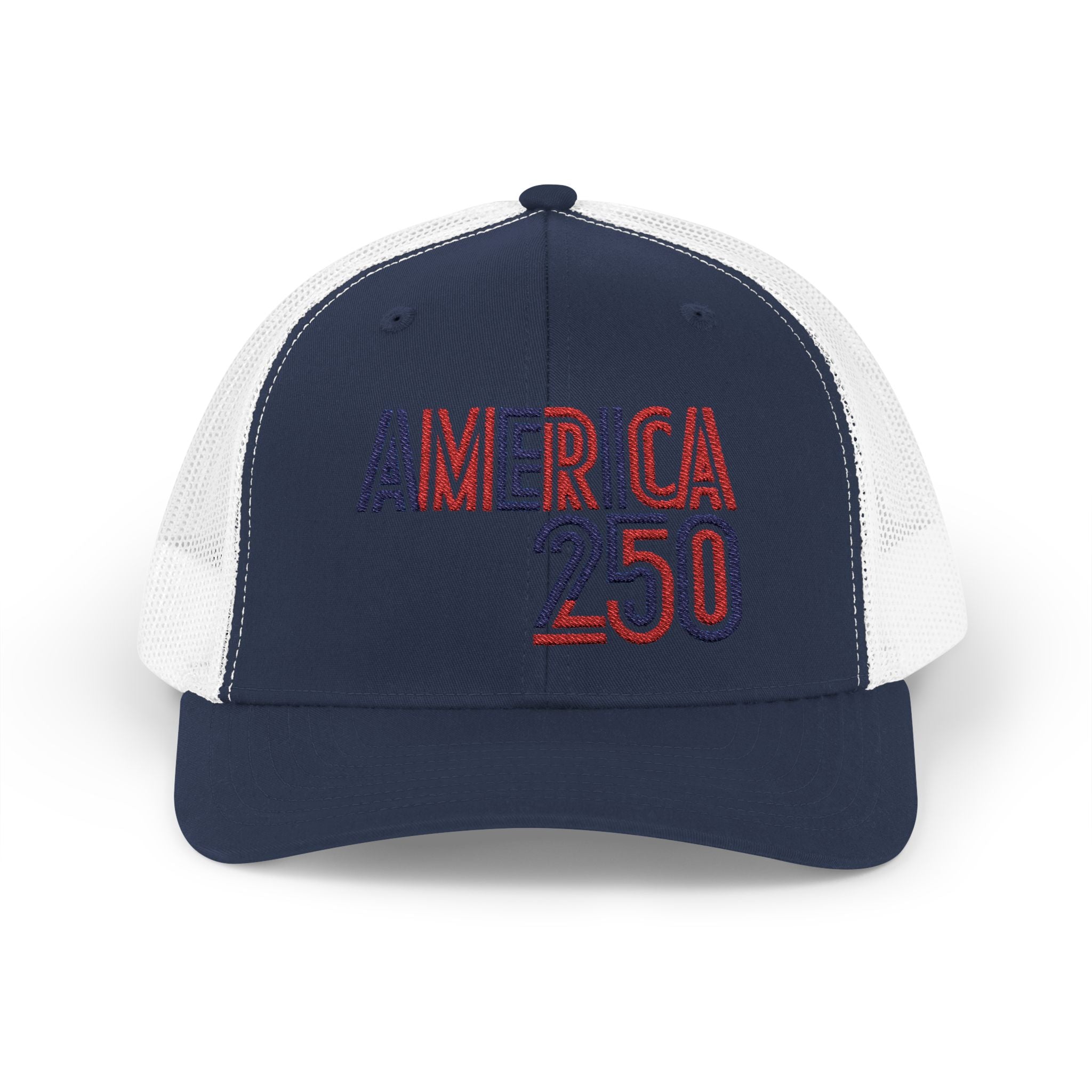 America 250 Snapback Cap | Patriotic USA Flag Text Trucker Hat