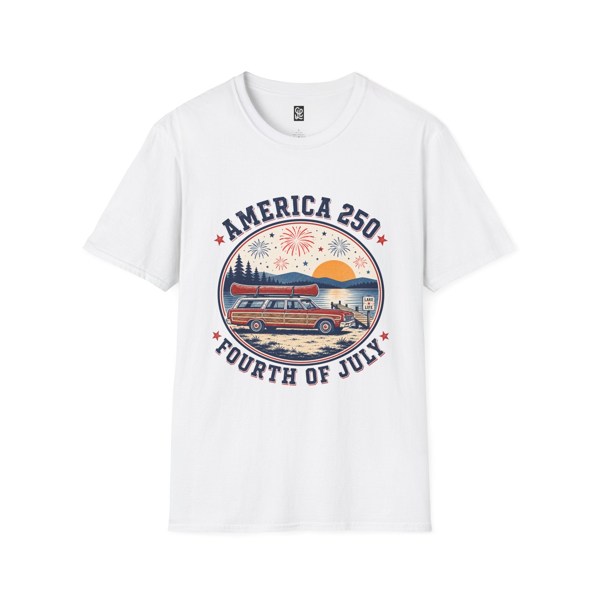 White color variant of oryggy Fourth of July patriotic celebration t-shirt, casual summer lifestyle cotton tee with an un-stretched ribbed collar.