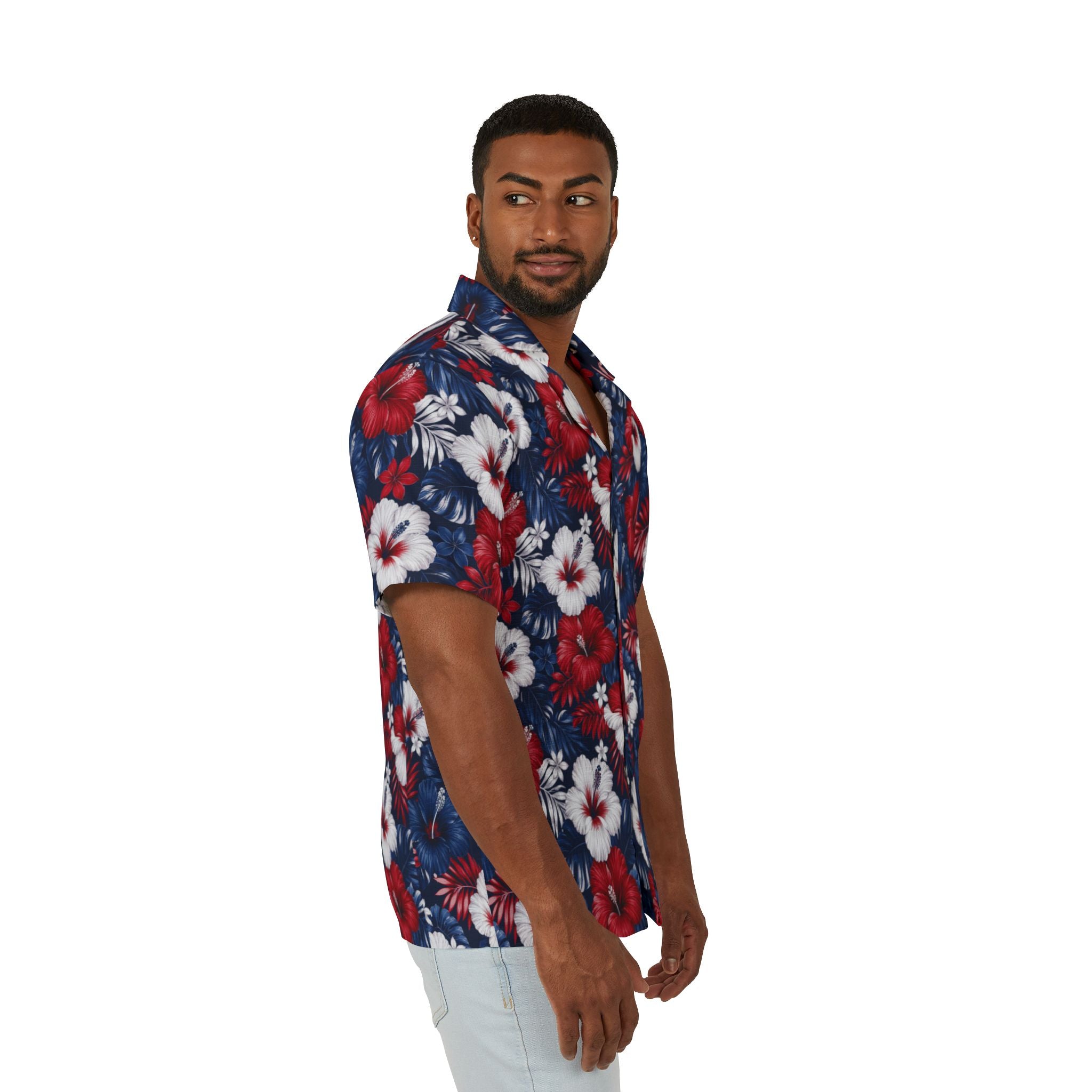 America 250 Patriotic Red White & Blue Hawaiian Shirt — Men's Floral Camp Shirt