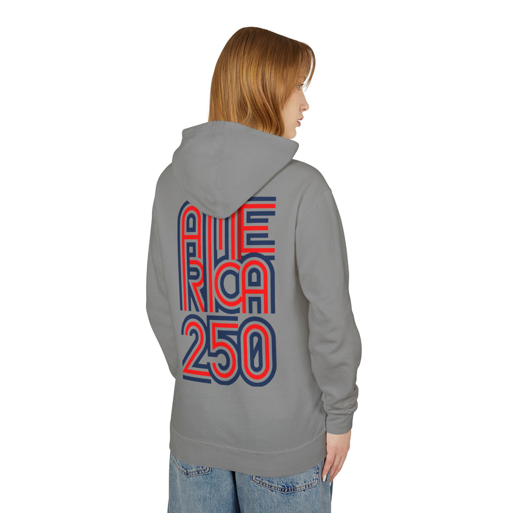 America 250 Hoodie — Retro Red & Blue Patriotic Anniversary Pullover
