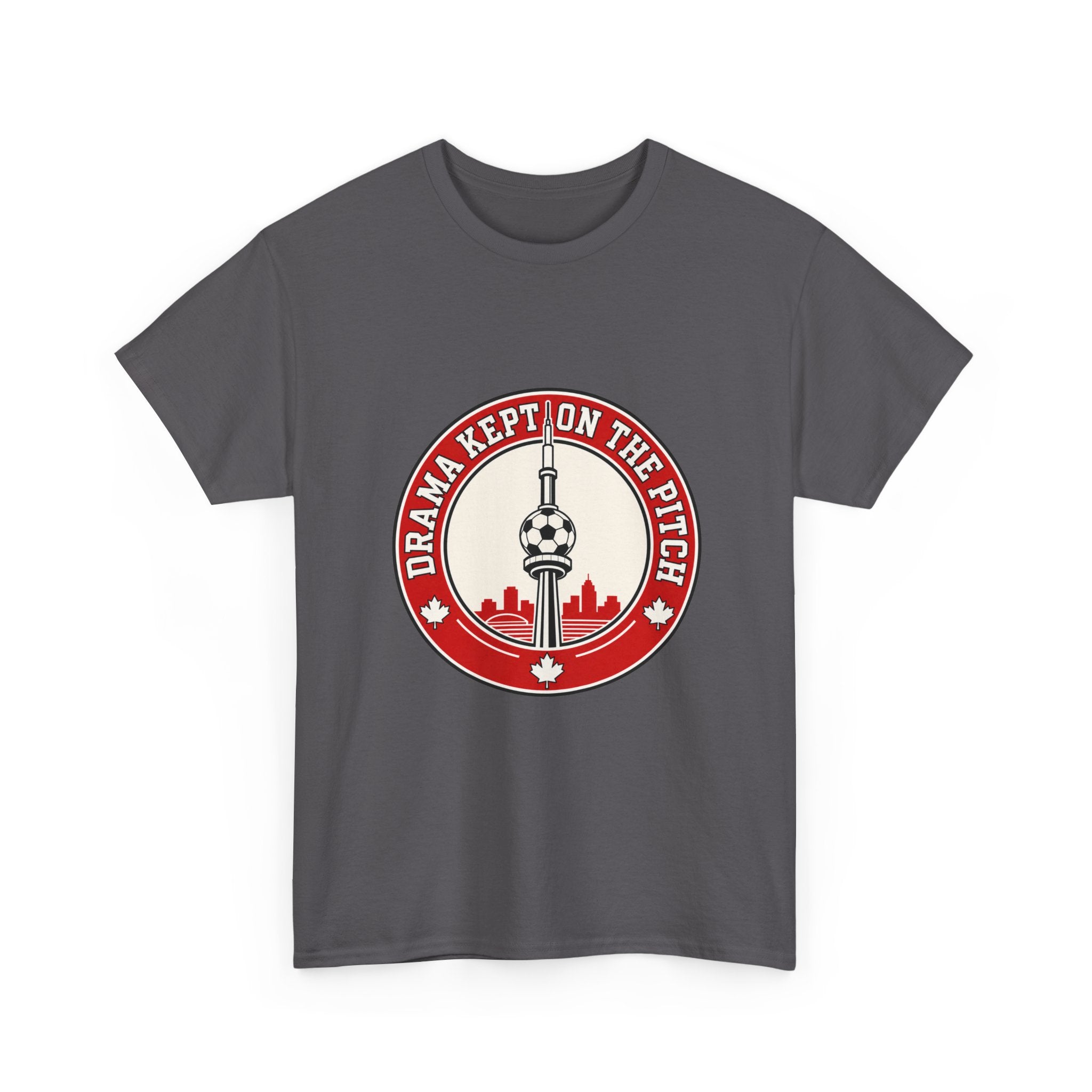 oryggy Canada Soccer retro t-shirt in charcoal grey, premium medium-weight cotton fan tee featuring a red circular Toronto CN Tower graphic.