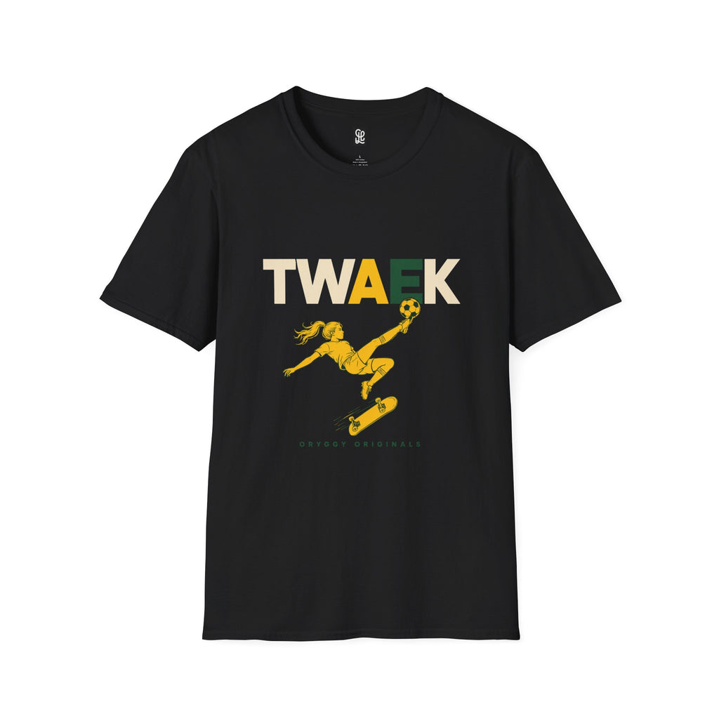 oryggy Originals TWAEK t-shirt in solid black, premium ring-spun cotton streetwear tee featuring a glitched multi-color typography and yellow female skater silhouette.