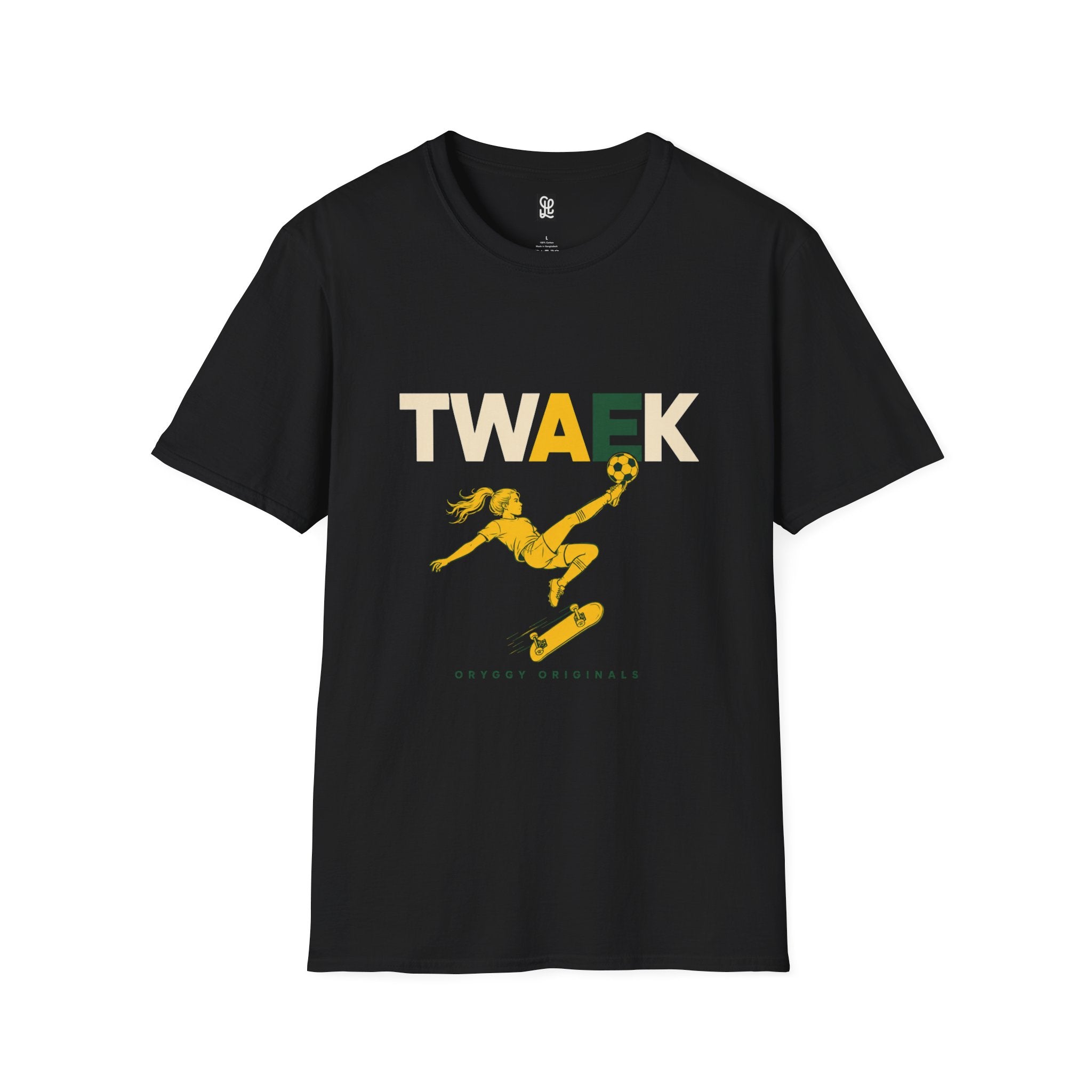 oryggy Originals TWAEK t-shirt in solid black, premium ring-spun cotton streetwear tee featuring a glitched multi-color typography and yellow female skater silhouette.
