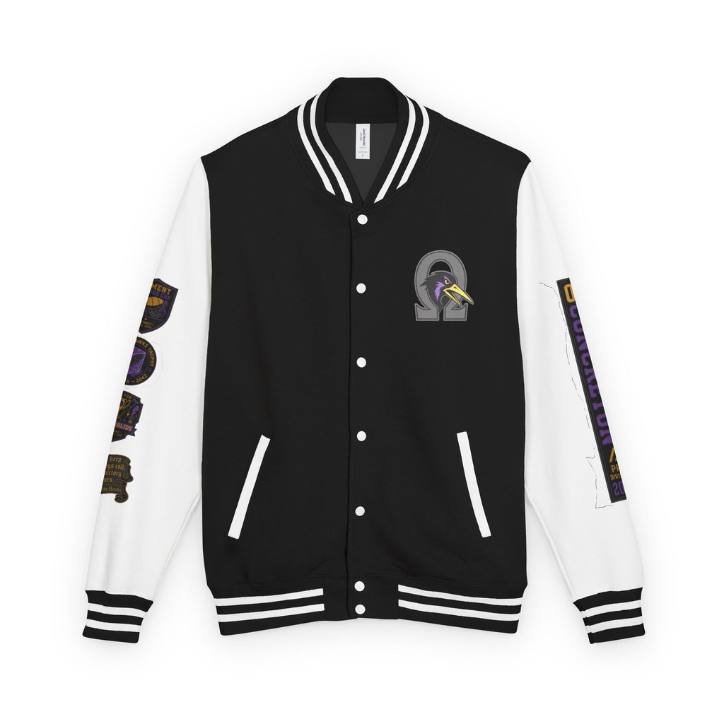 oryggy OC Concreton varsity jacket in Jet Black and Arctic White, featuring a massive Ω tapir patch on the left chest and a gothic Pancho Hawks quote on the right.