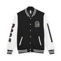 oryggy OC Concreton varsity jacket in Jet Black and Arctic White, featuring a massive Ω tapir patch on the left chest and a gothic Pancho Hawks quote on the right.