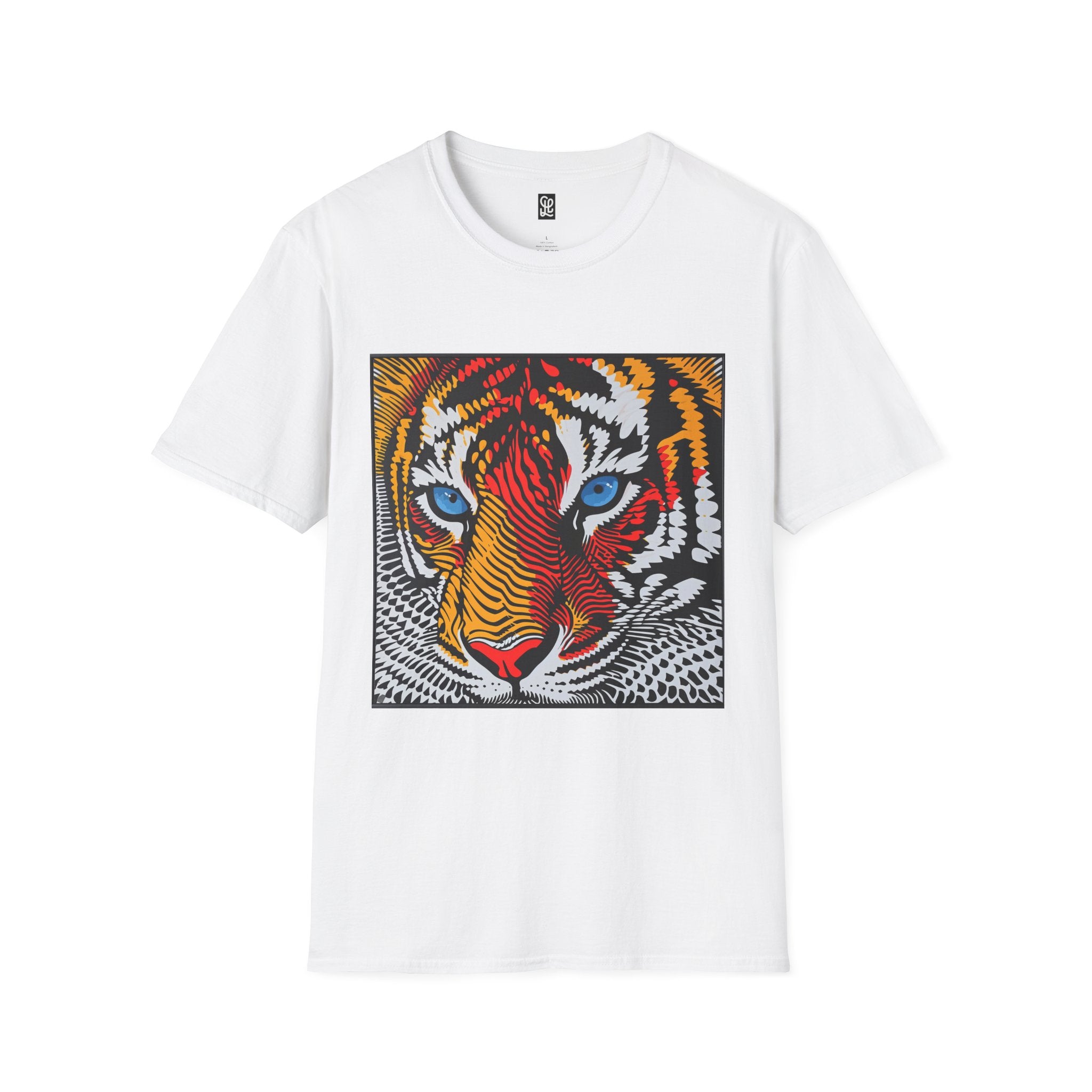 Colorful Tiger Face T-Shirt | Vibrant Blue Eyes, Pop Art Stripes
