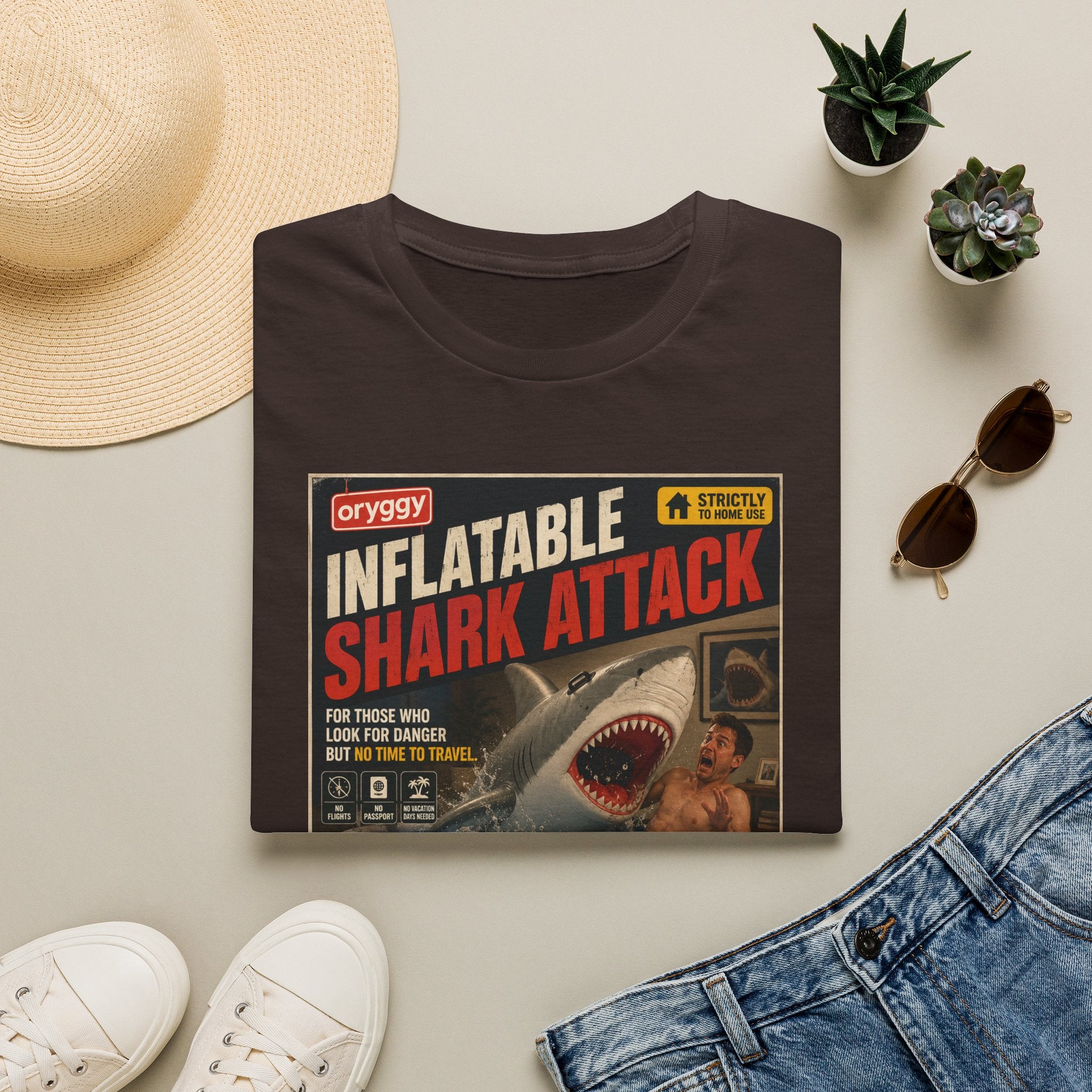 oryggy Originals Inflatable Shark Attack Vintage Poster T-Shirt — Retro Beach & Surf Graphic Tee