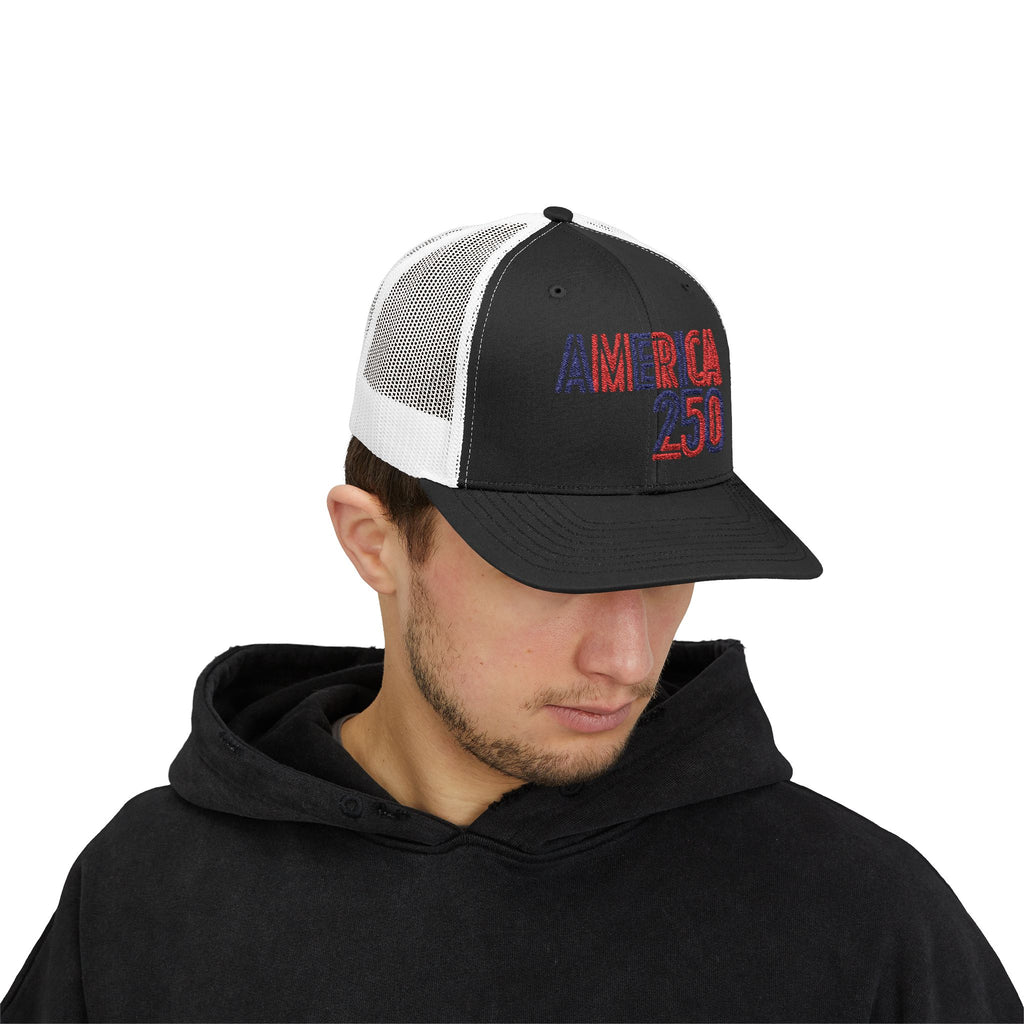 America 250 Snapback Cap | Patriotic USA Flag Text Trucker Hat