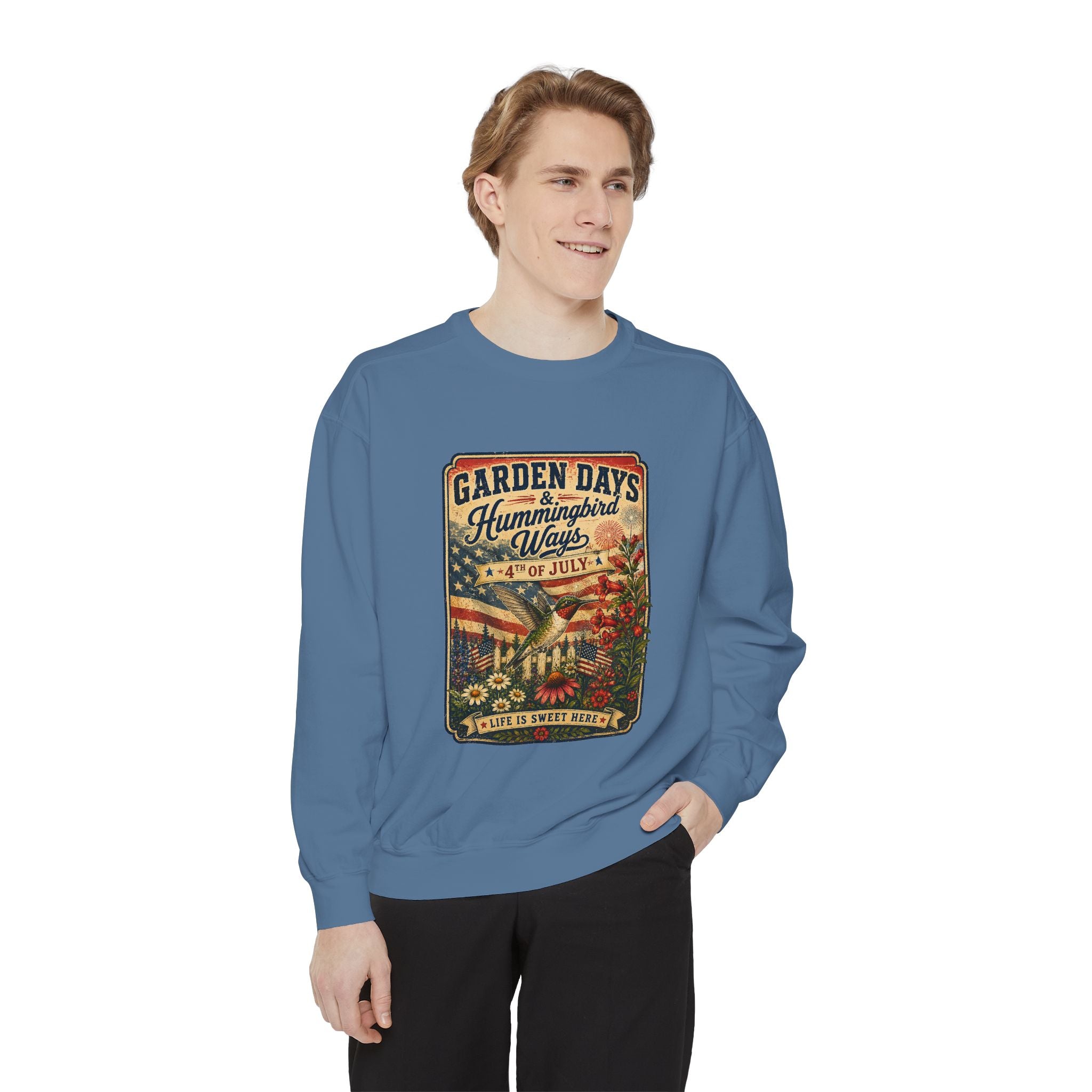America 250 Garden Days Summer Sweatshirt — "Sweet Summer Wings" Vintage Floral 4th of July Crewneck