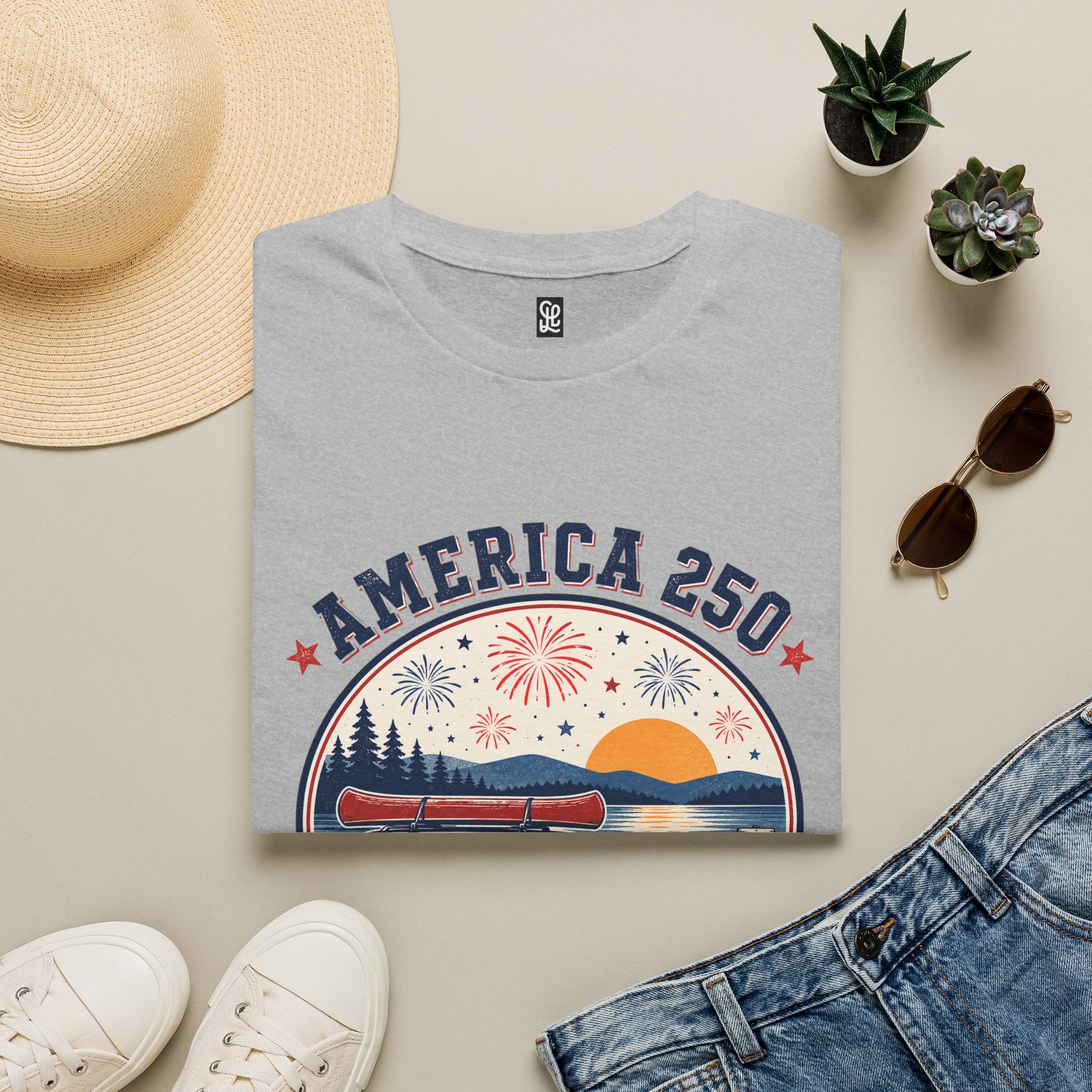 America 250 T-Shirt — oryggy Fourth of July Patriotic Fireworks Sunset Tee