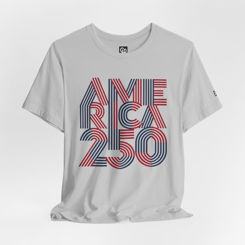 America 250 Tee | Patriotic Red Blue Striped Typography