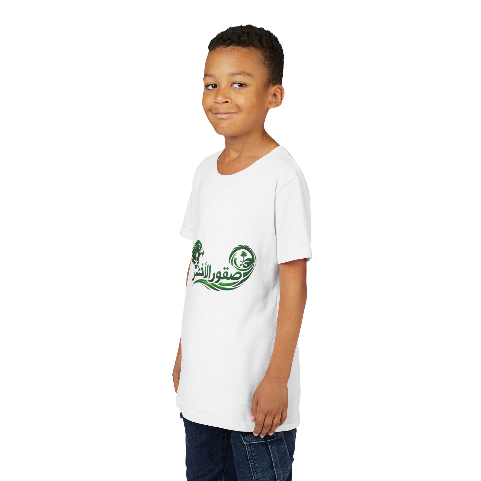 FIFA World Cup 2026 Youth Tee – Green Falcons Arabic Script Soccer Crest