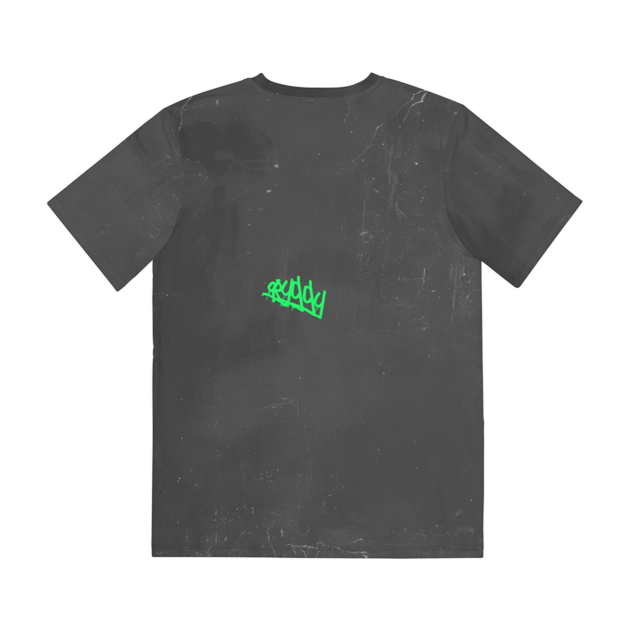 Back view of the oryggy Club Graphic Tee showcasing the clean fit and a small, vibrant neon green tag-style logo printed low on the back near the bottom hem.
