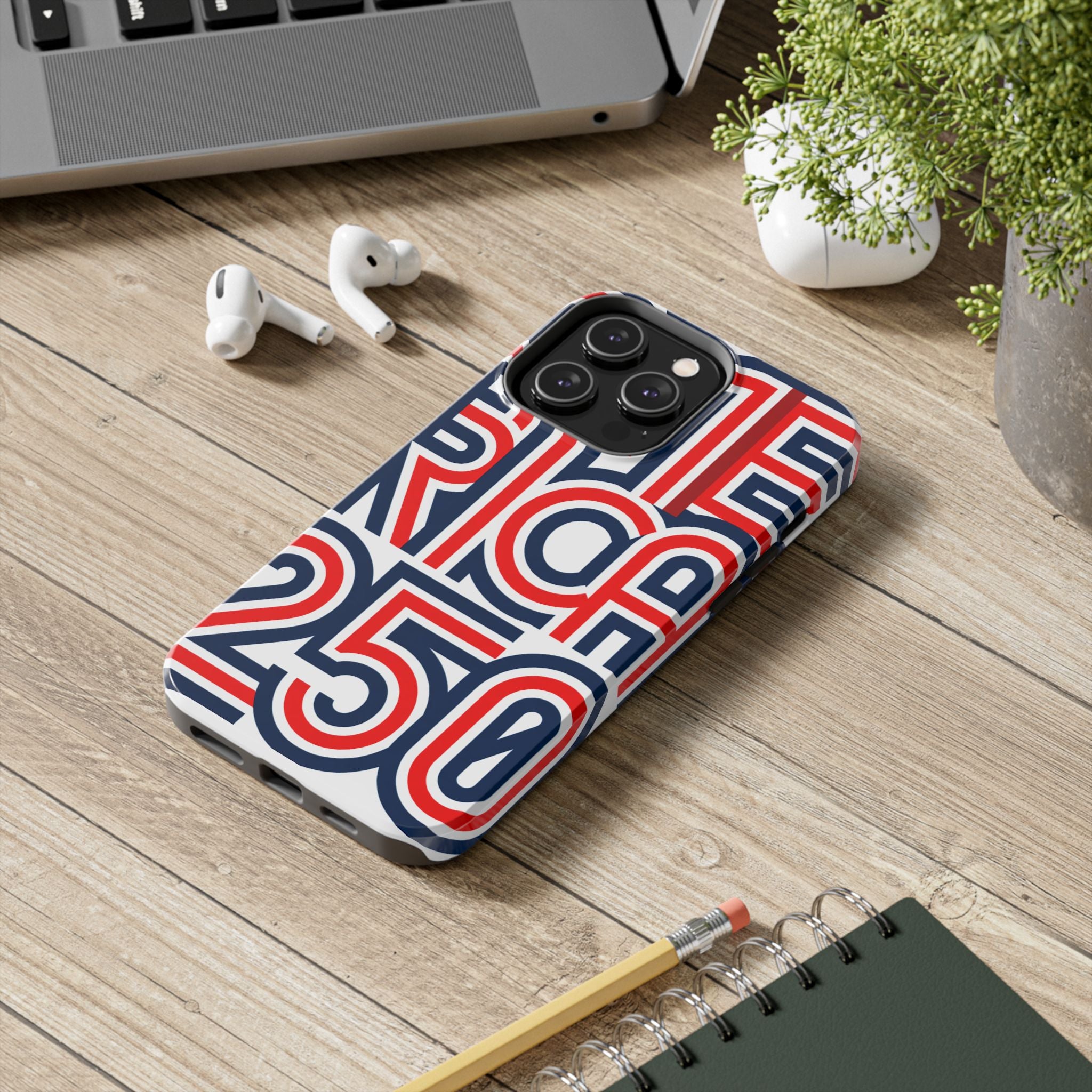 Patriotic 'America 250' Tough Phone Case – Red, White & Blue Retro Typography