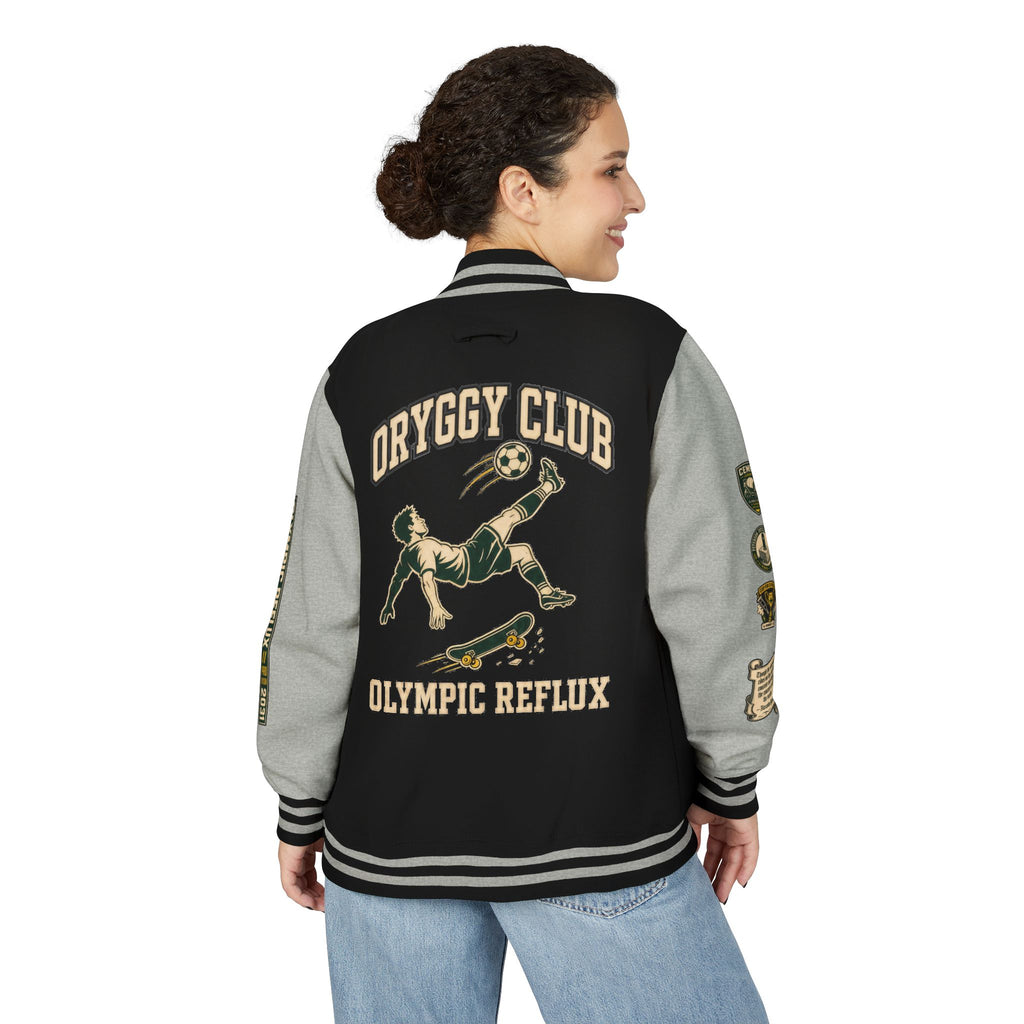 Back view of oryggy Olympic Reflux varsity jacket, showing the large distressed ORYGGY CLUB BASALTIKUM arched typography with the mid-air bicycle kick soccer silhouette.