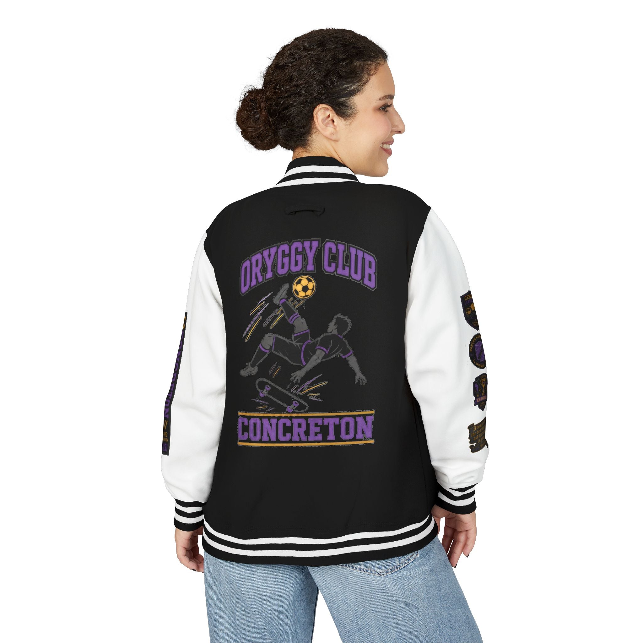 Back view of oryggy OC Concreton varsity jacket, showing the large distressed ORYGGY CLUB CONCRETON arched text with the mid-air bicycle kick soccer silhouette.