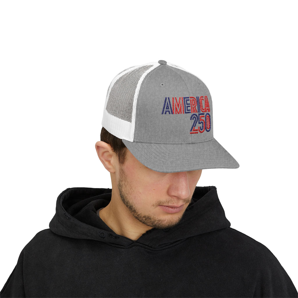 America 250 Snapback Cap | Patriotic USA Flag Text Trucker Hat