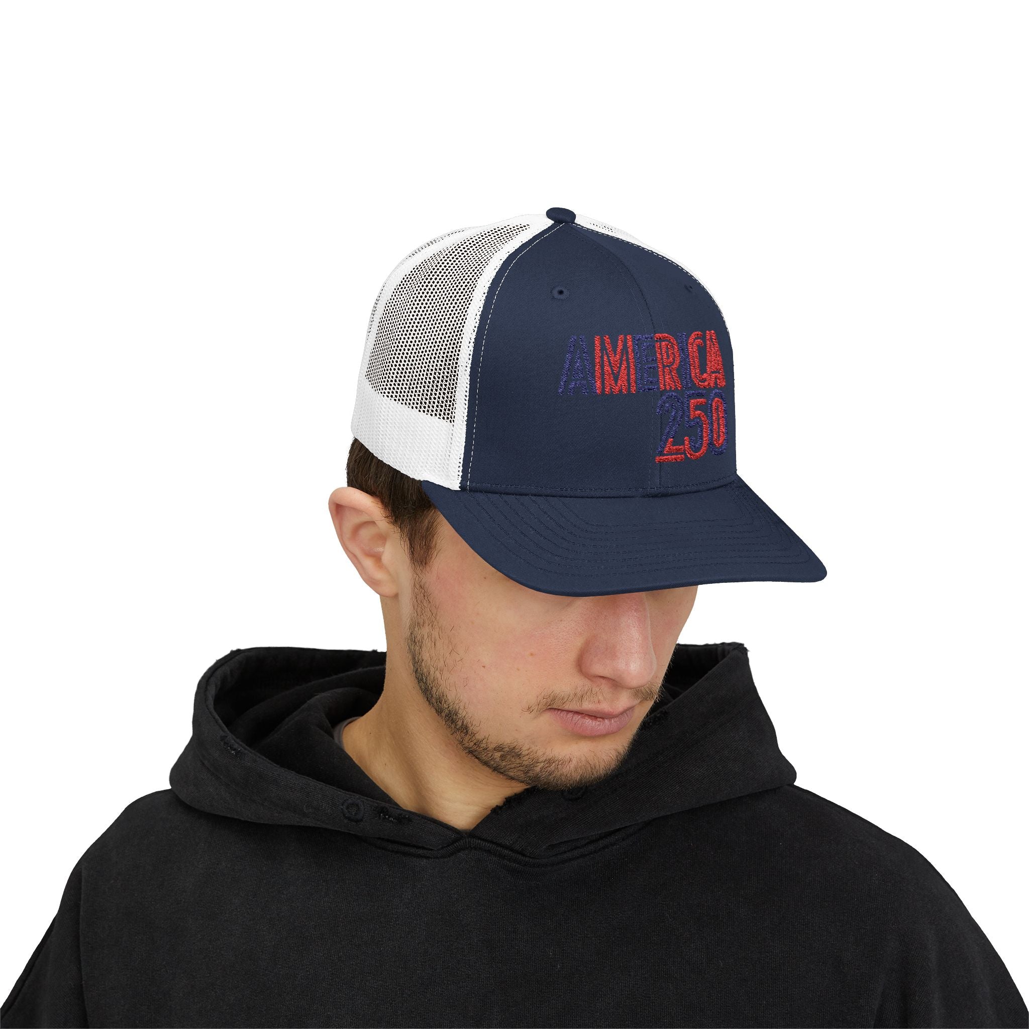 America 250 Snapback Cap | Patriotic USA Flag Text Trucker Hat