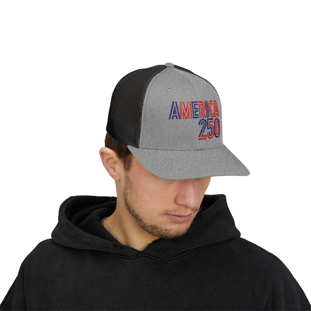 America 250 Snapback Cap | Patriotic USA Flag Text Trucker Hat