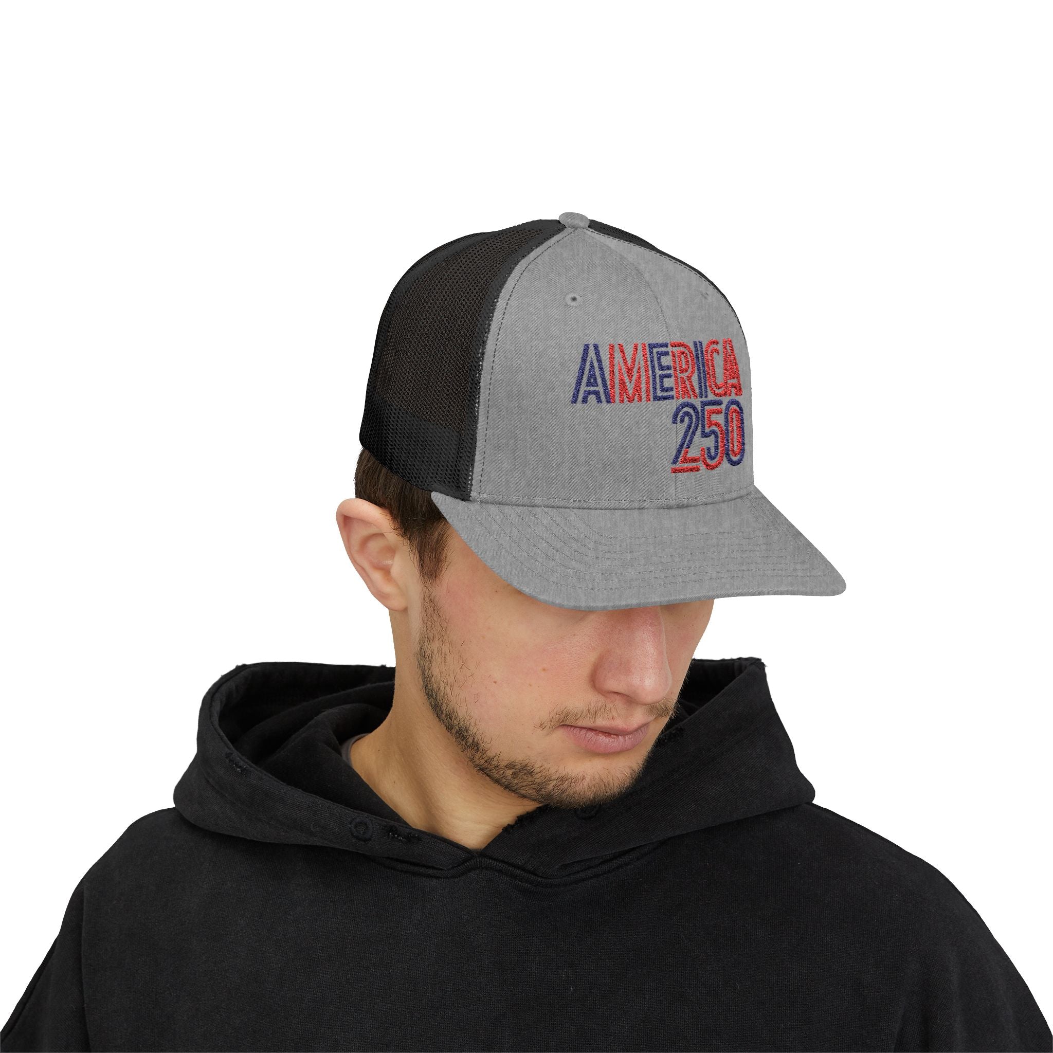 America 250 Snapback Cap | Patriotic USA Flag Text Trucker Hat