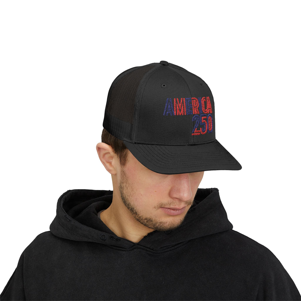 America 250 Snapback Cap | Patriotic USA Flag Text Trucker Hat