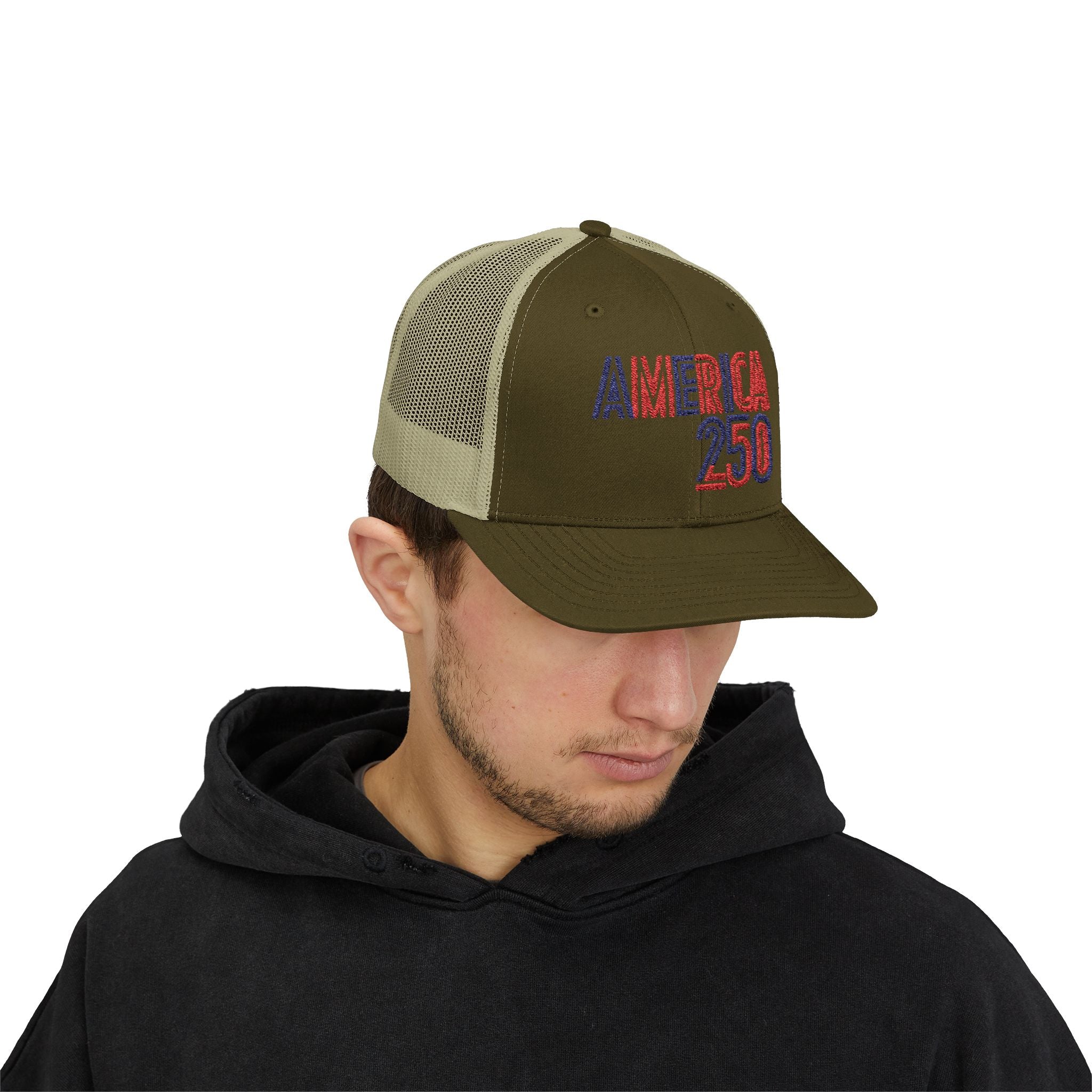 America 250 Snapback Cap | Patriotic USA Flag Text Trucker Hat